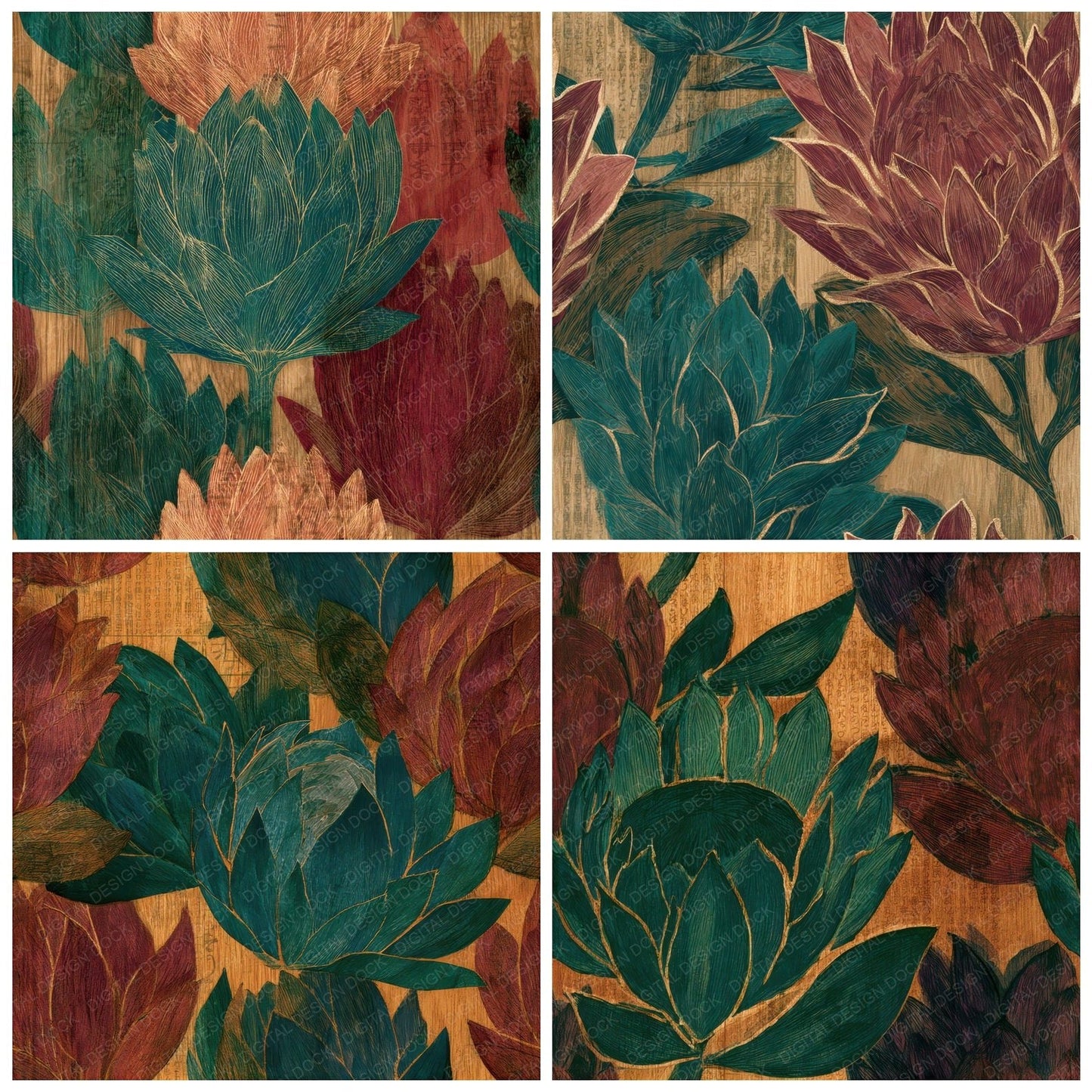 Pyrography Protea Malachite Burgundy Seamless Digital Paper Pack (DDD013818)