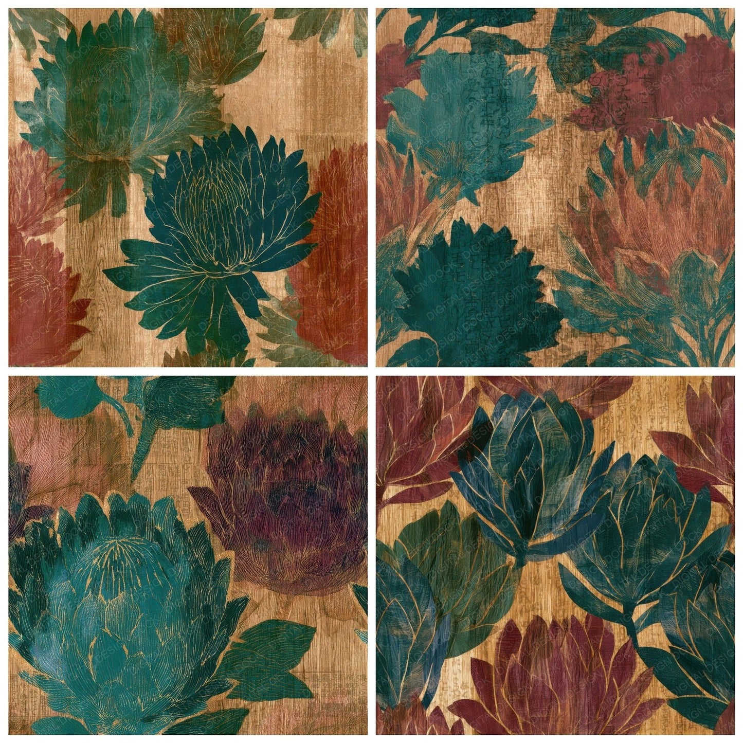 Pyrography Protea Malachite Burgundy Seamless Digital Paper Pack (DDD013818)