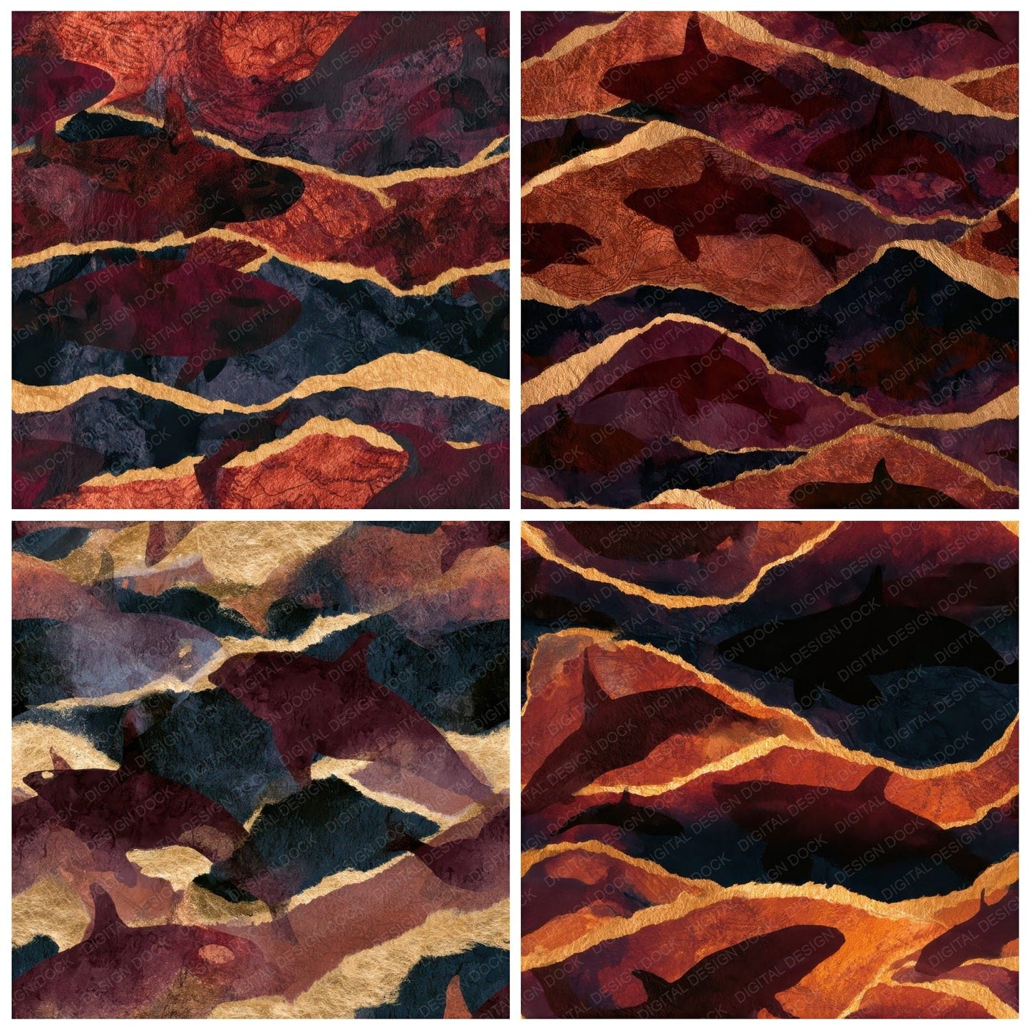 Torn Paper Orcas Oxblood Seamless Digital Paper Pack (DDD013823)