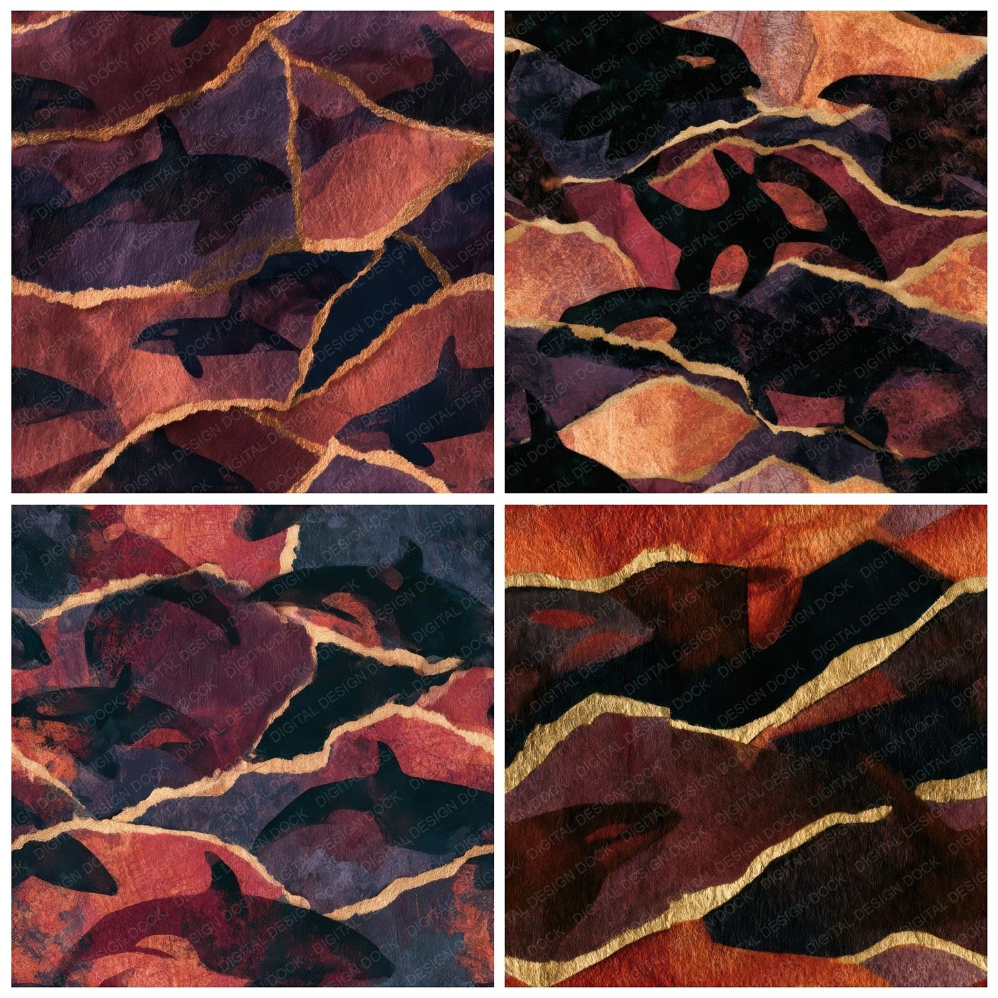 Torn Paper Orcas Oxblood Seamless Digital Paper Pack (DDD013823)