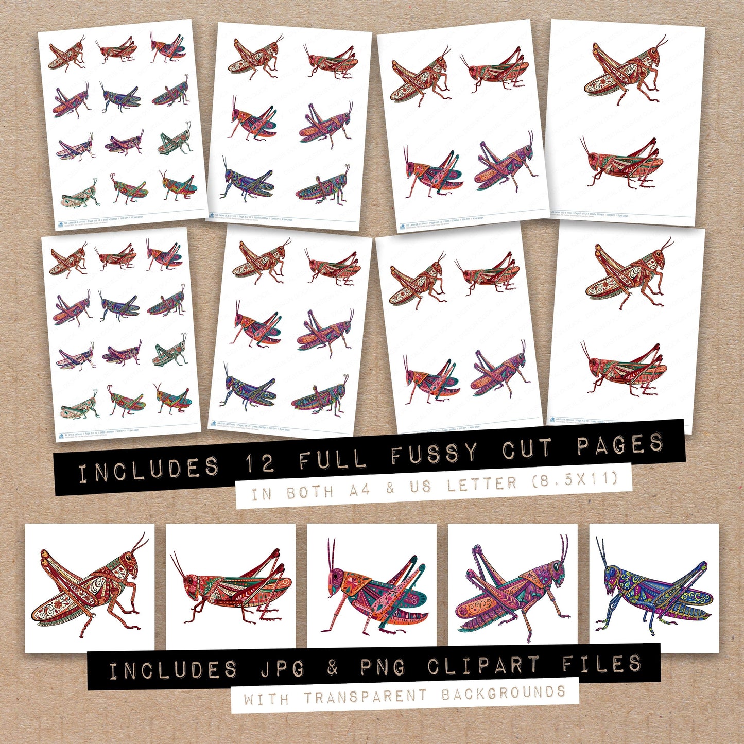 Folk Art Grasshopper Fussy Cut Sheets (DDD013853)