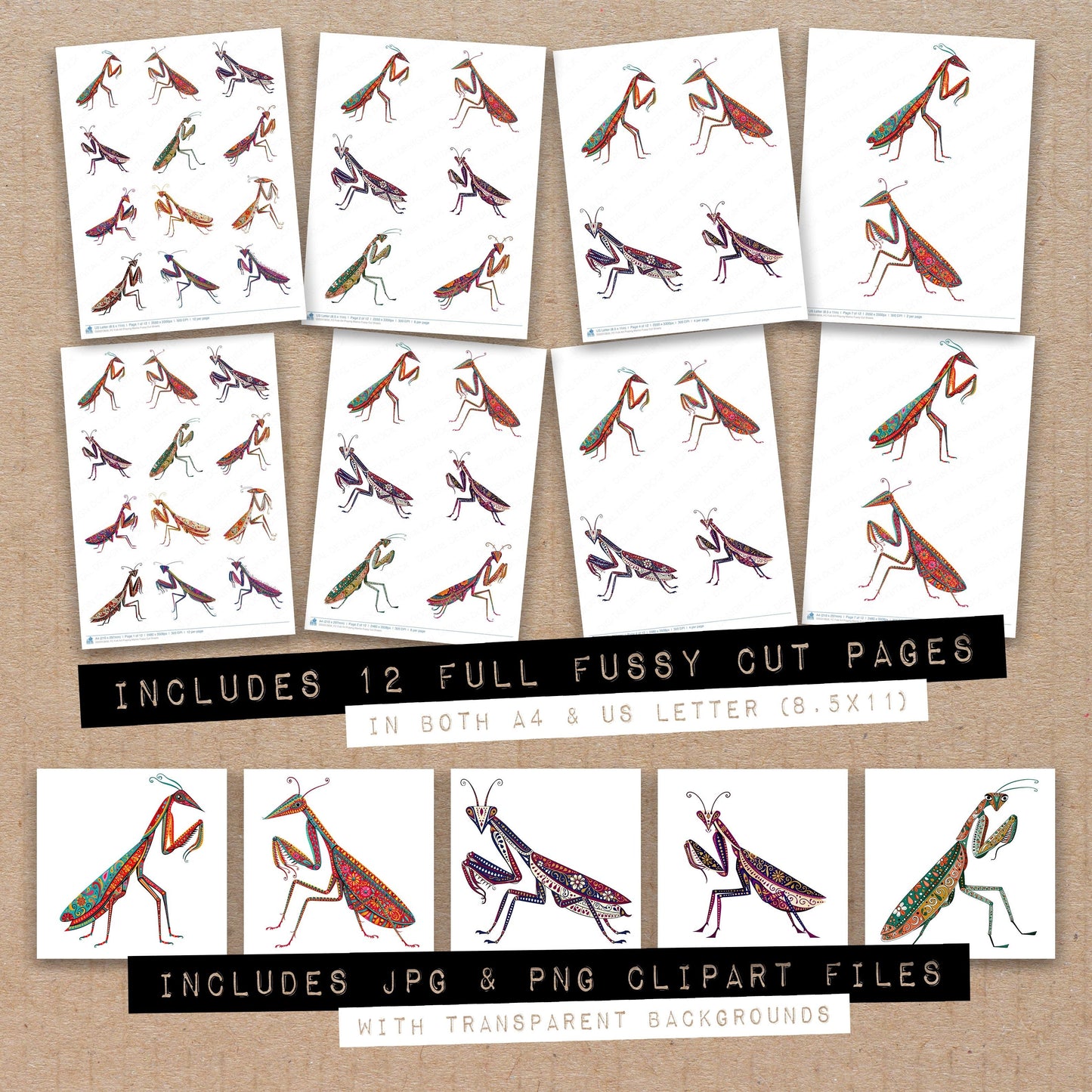 Folk Art Praying Mantis Fussy Cut Sheets (DDD013856)