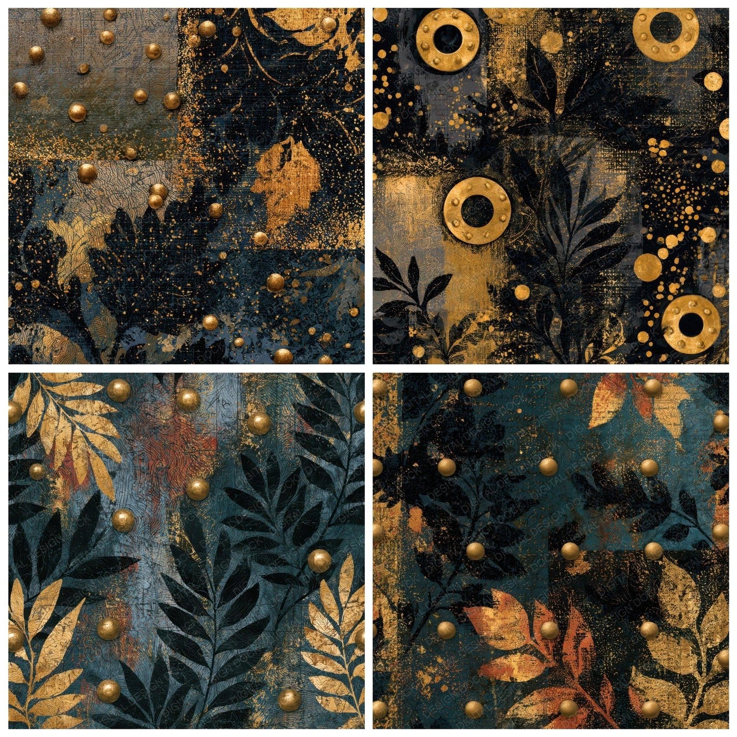 Antique Map Rivets Brass Gold Digital Paper Pack (DDD013865)