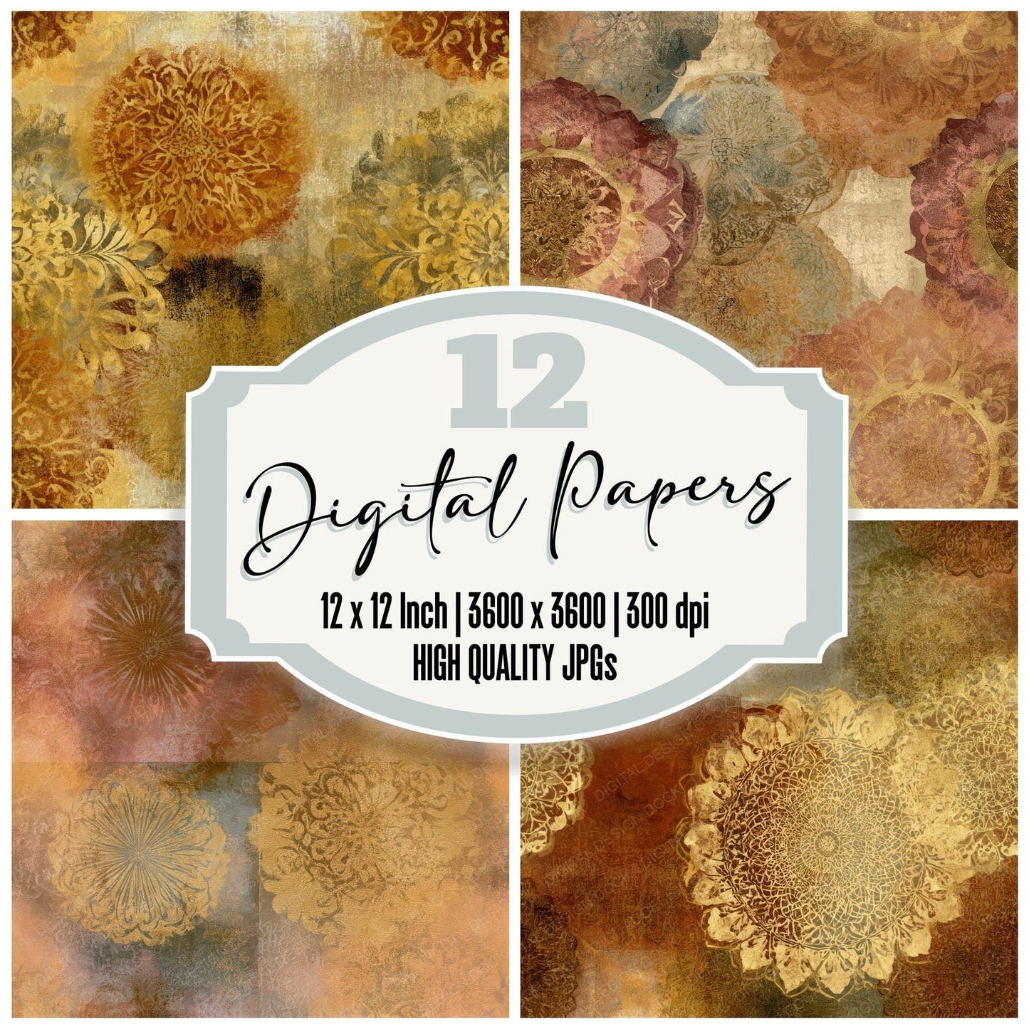 Baroque Mandala Rust Gold Seamless Digital Paper Pack (DDD013868)