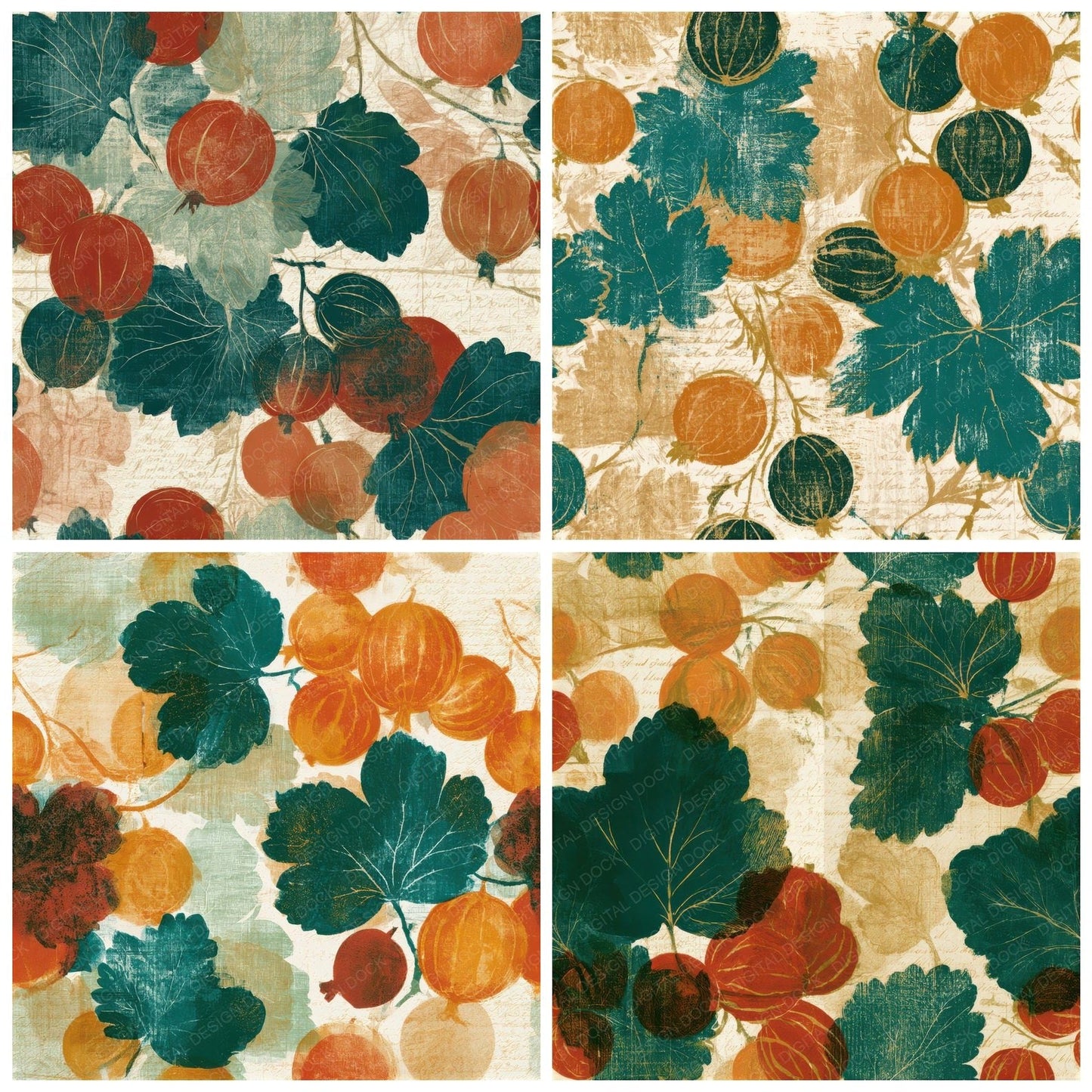 Drypoint Gooseberries Papaya Jade Seamless Digital Paper Pack (DDD013873)