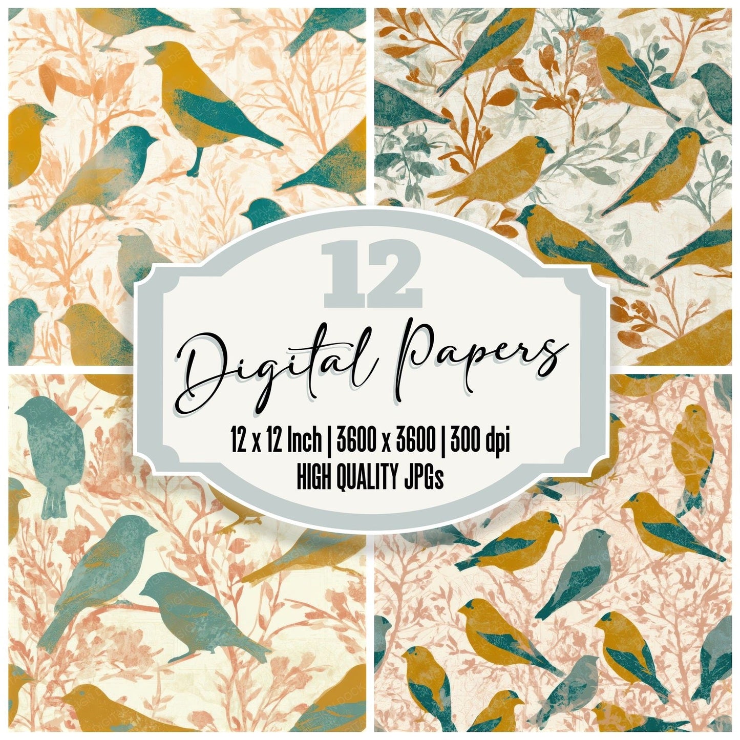 Folk Art Goldfinch Mustard Teal Seamless Digital Paper Pack (DDD013874)