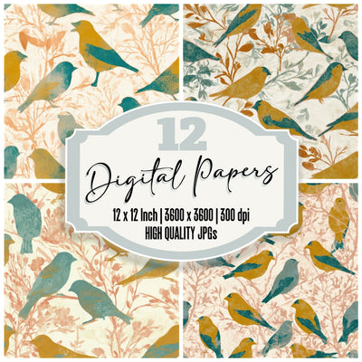 Folk Art Goldfinch Mustard Teal Seamless Digital Paper Pack (DDD013874)