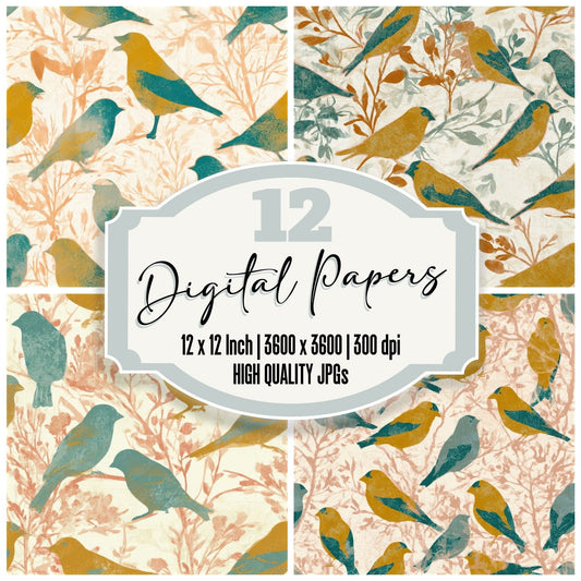 Folk Art Goldfinch Mustard Teal Seamless Digital Paper Pack (DDD013874)