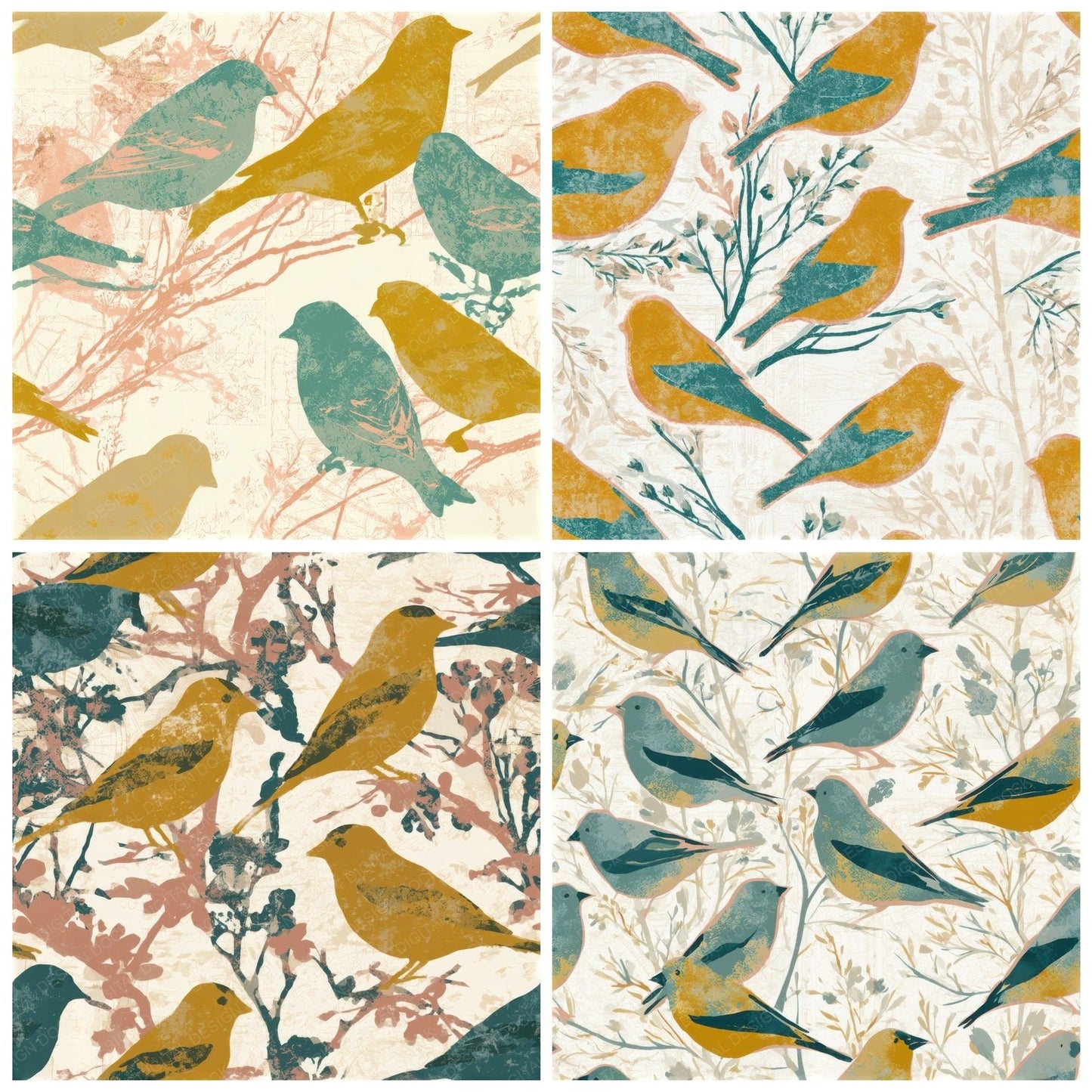 Folk Art Goldfinch Mustard Teal Seamless Digital Paper Pack (DDD013874)