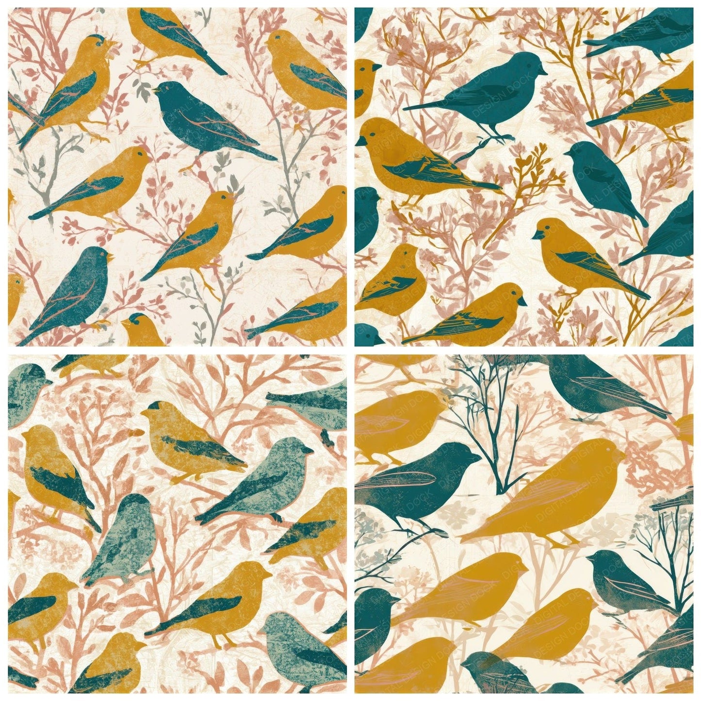 Folk Art Goldfinch Mustard Teal Seamless Digital Paper Pack (DDD013874)