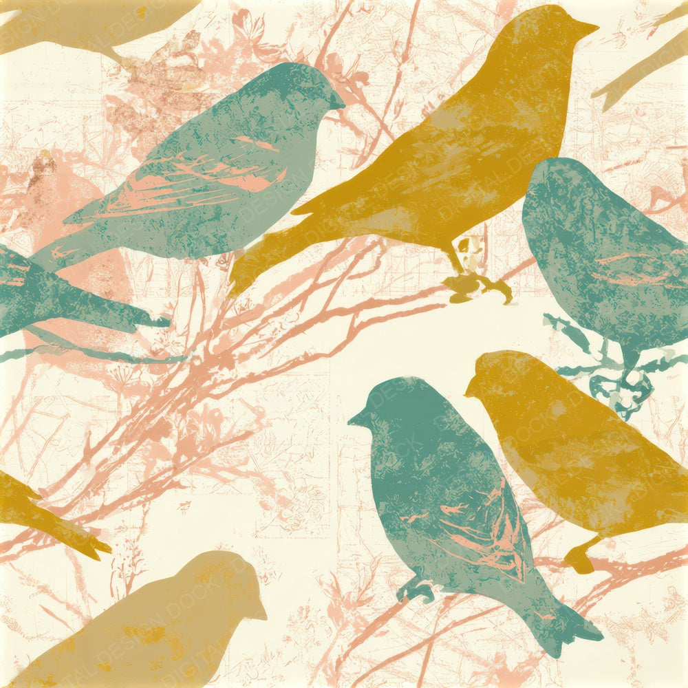Folk Art Goldfinch Mustard Teal Seamless Digital Paper Pack (DDD013874)