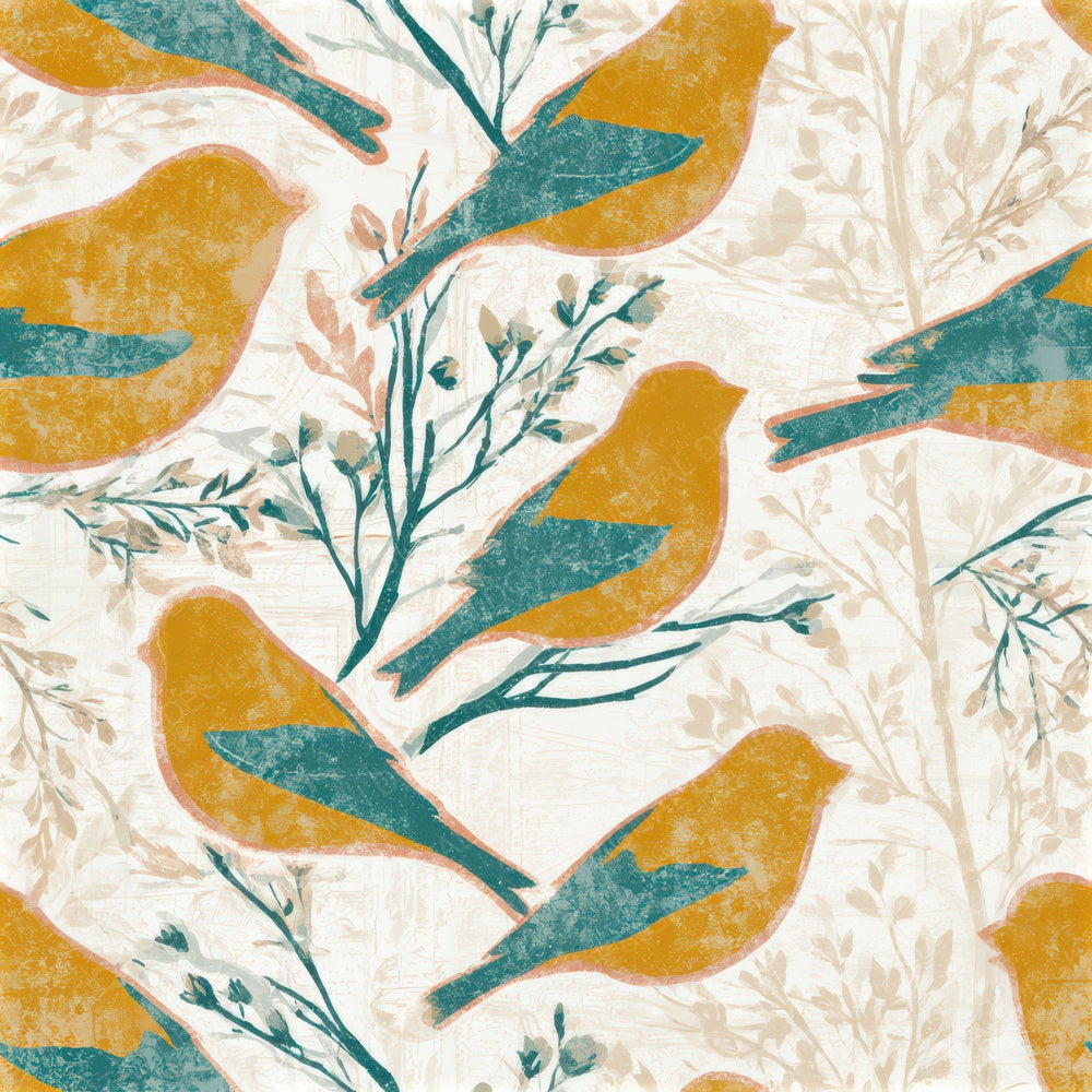 Folk Art Goldfinch Mustard Teal Seamless Digital Paper Pack (DDD013874)
