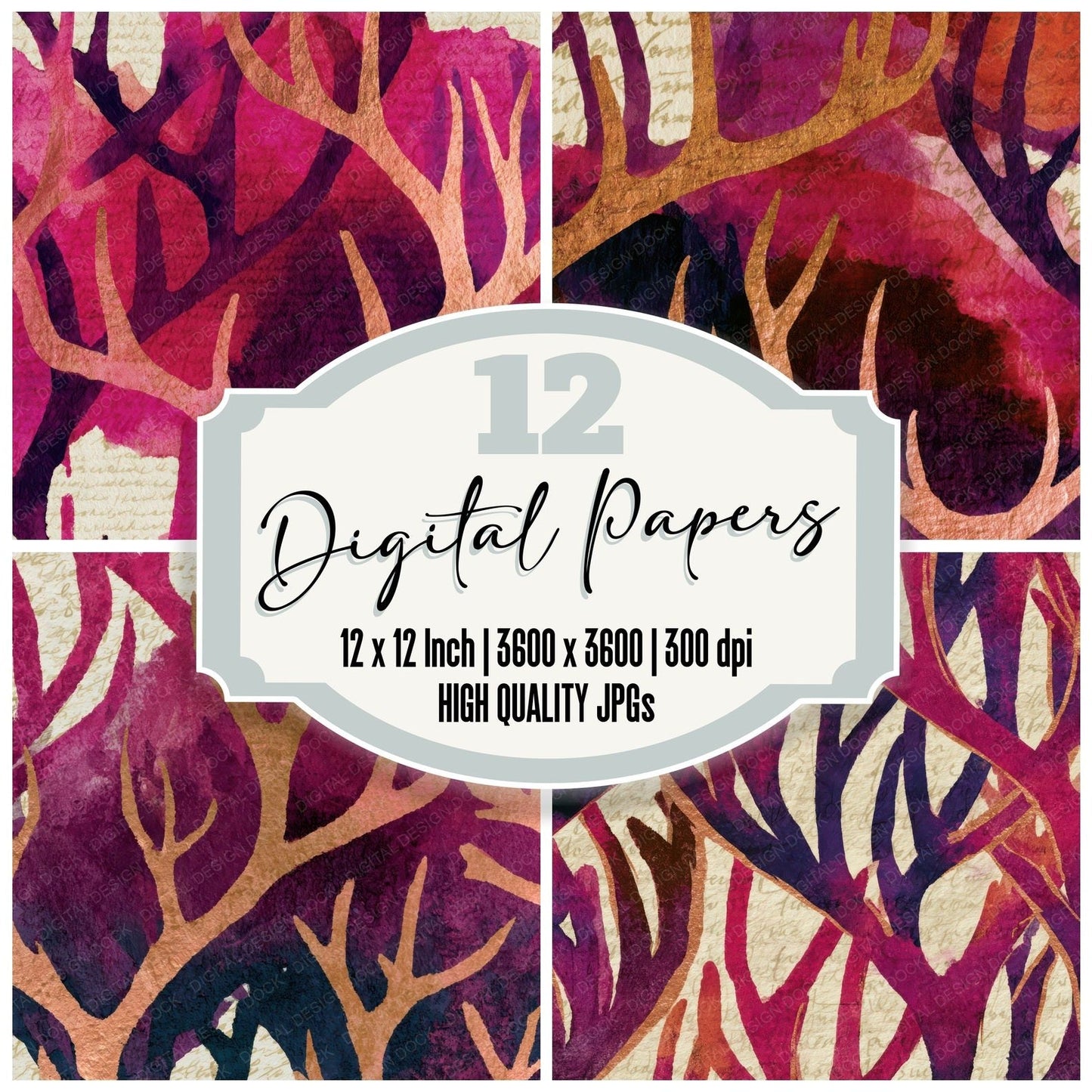 Ink Wash Antlers Raspberry Plum Digital Paper Pack (DDD013876)