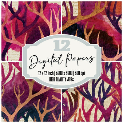 Ink Wash Antlers Raspberry Plum Digital Paper Pack (DDD013876)