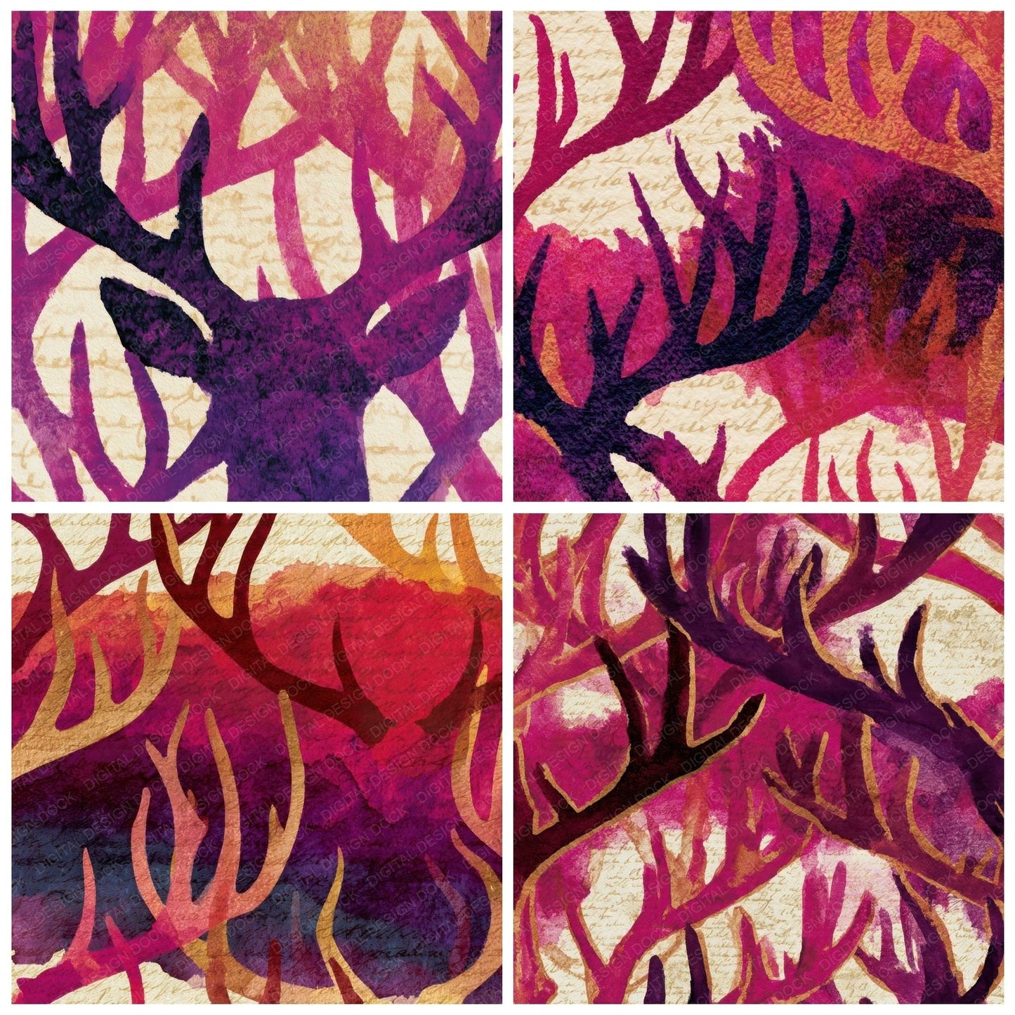 Ink Wash Antlers Raspberry Plum Digital Paper Pack (DDD013876)