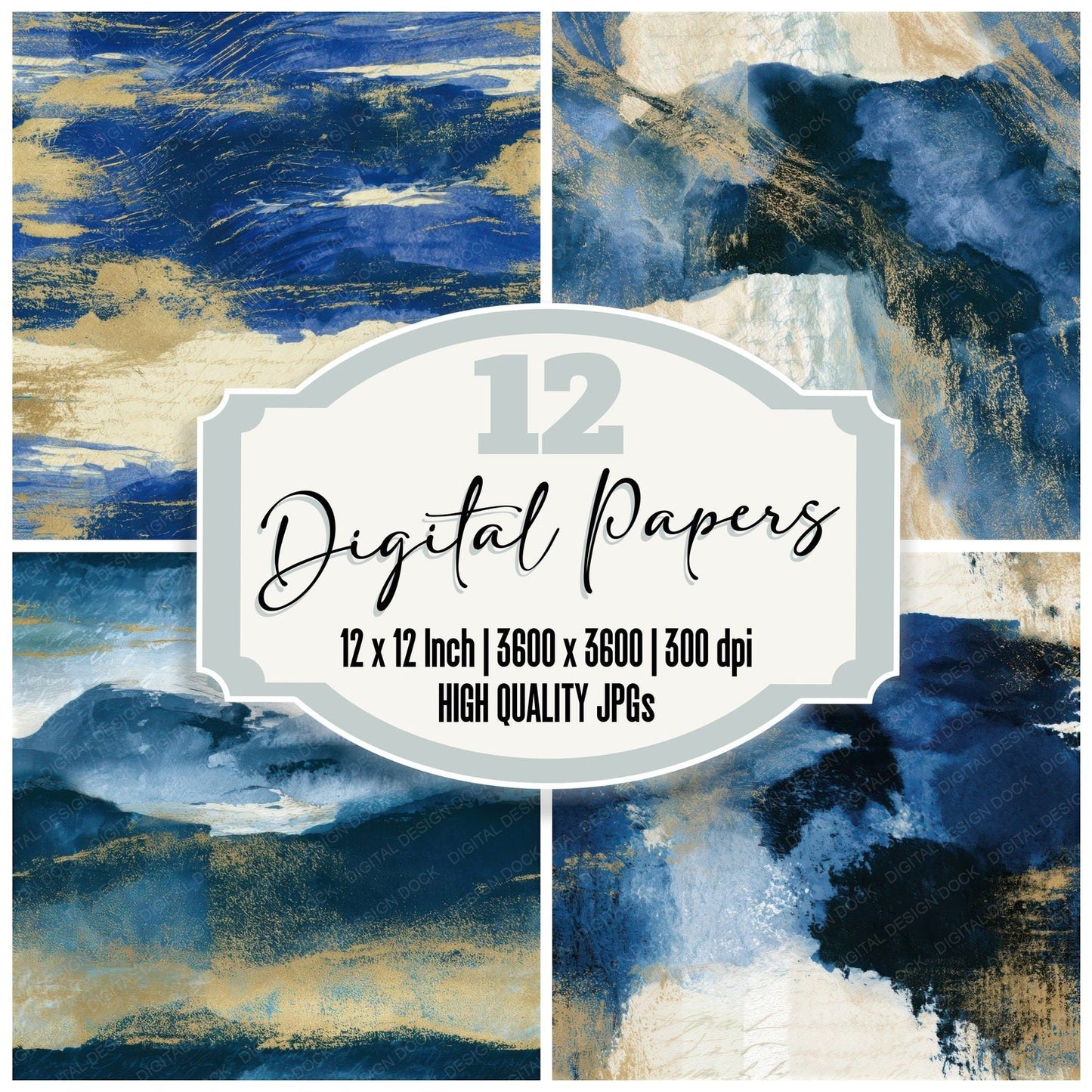 Sumi-e Sapphire Navy Bone Abstract Seamless Digital Paper Pack (DDD013882)