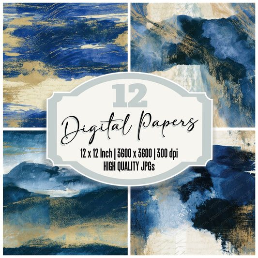 Sumi-e Sapphire Navy Bone Abstract Seamless Digital Paper Pack (DDD013882)