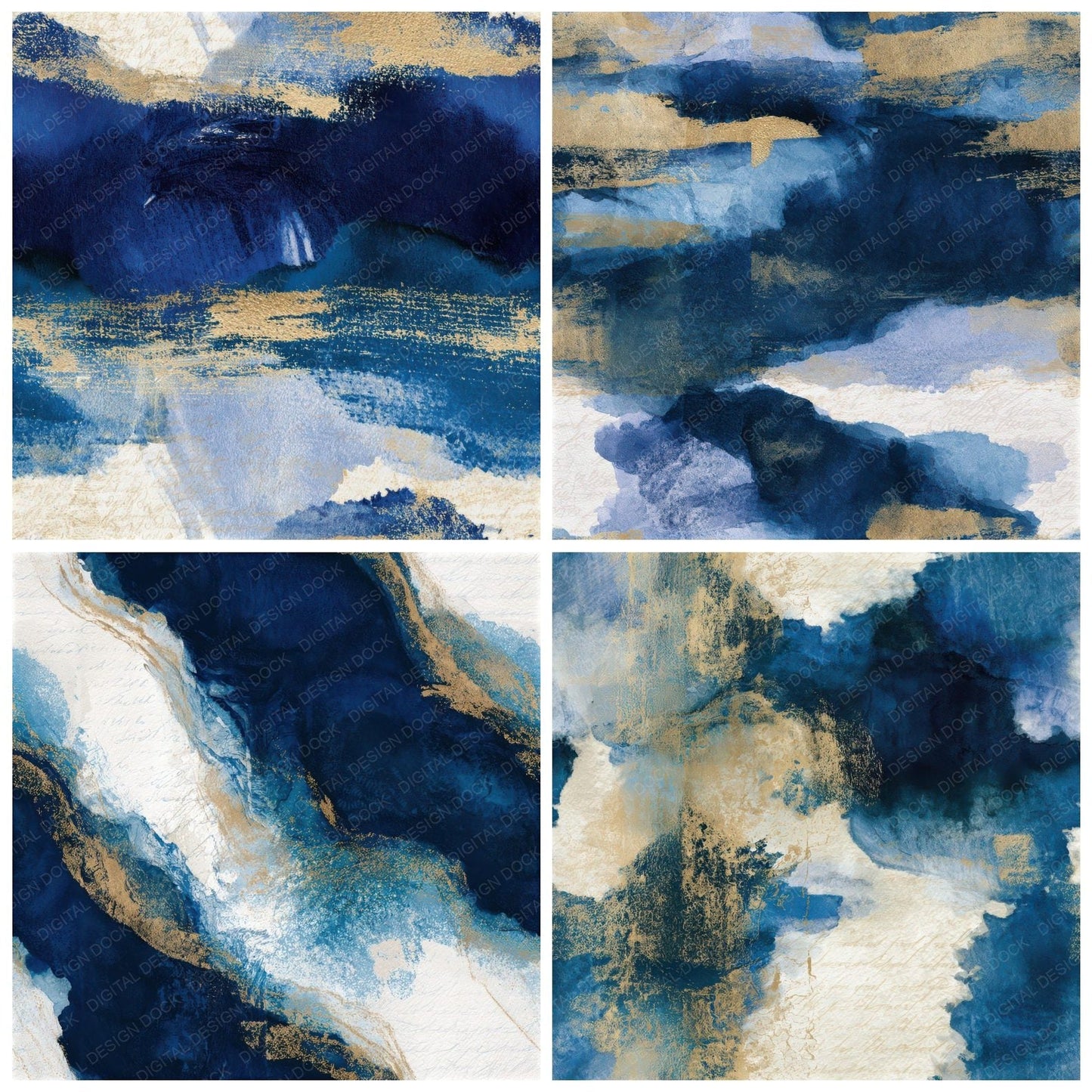 Sumi-e Sapphire Navy Bone Abstract Seamless Digital Paper Pack (DDD013882)