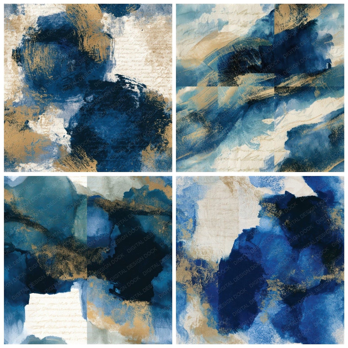 Sumi-e Sapphire Navy Bone Abstract Seamless Digital Paper Pack (DDD013882)