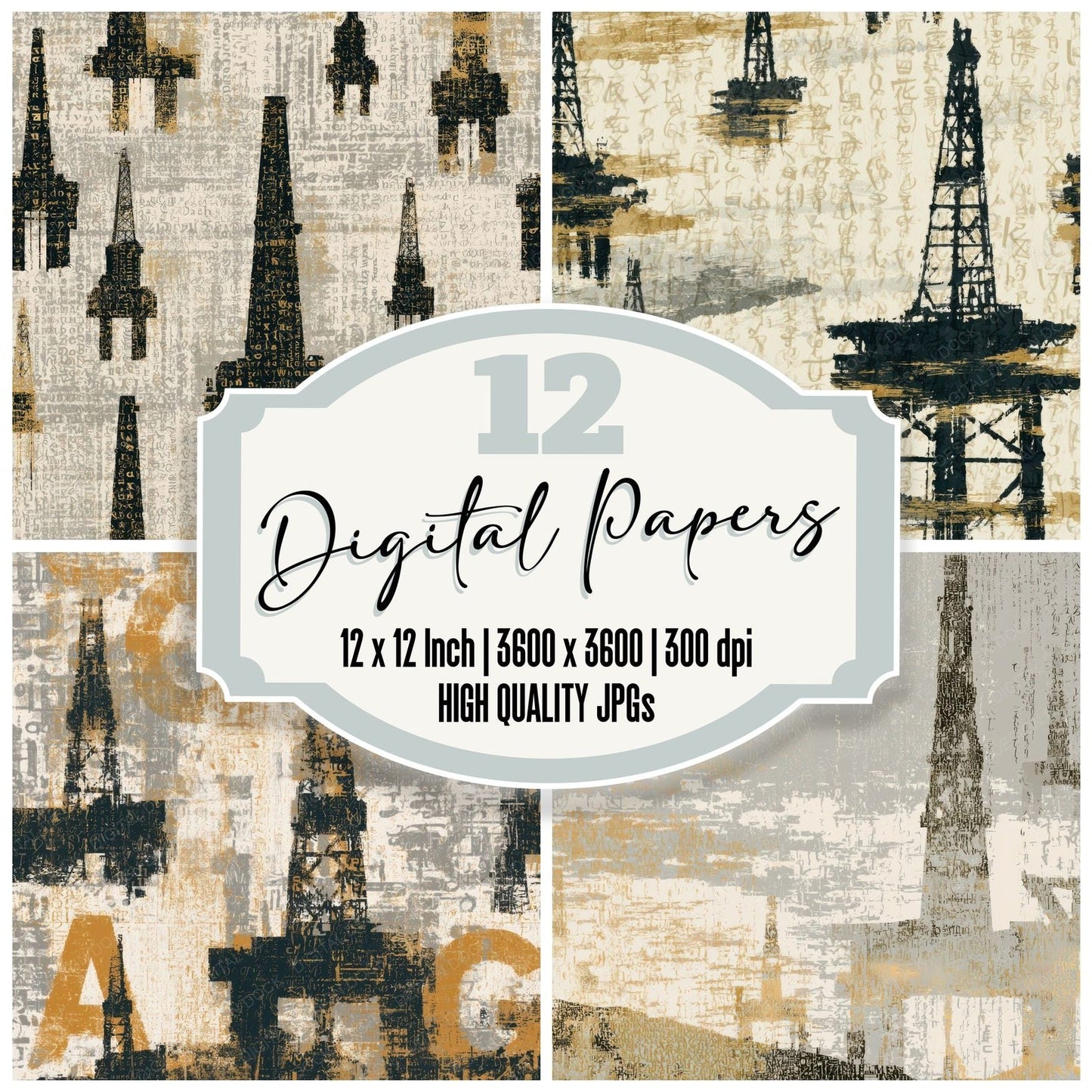 ASCII Oil Rigs Graphite Cream Digital Paper Pack (DDD013885)