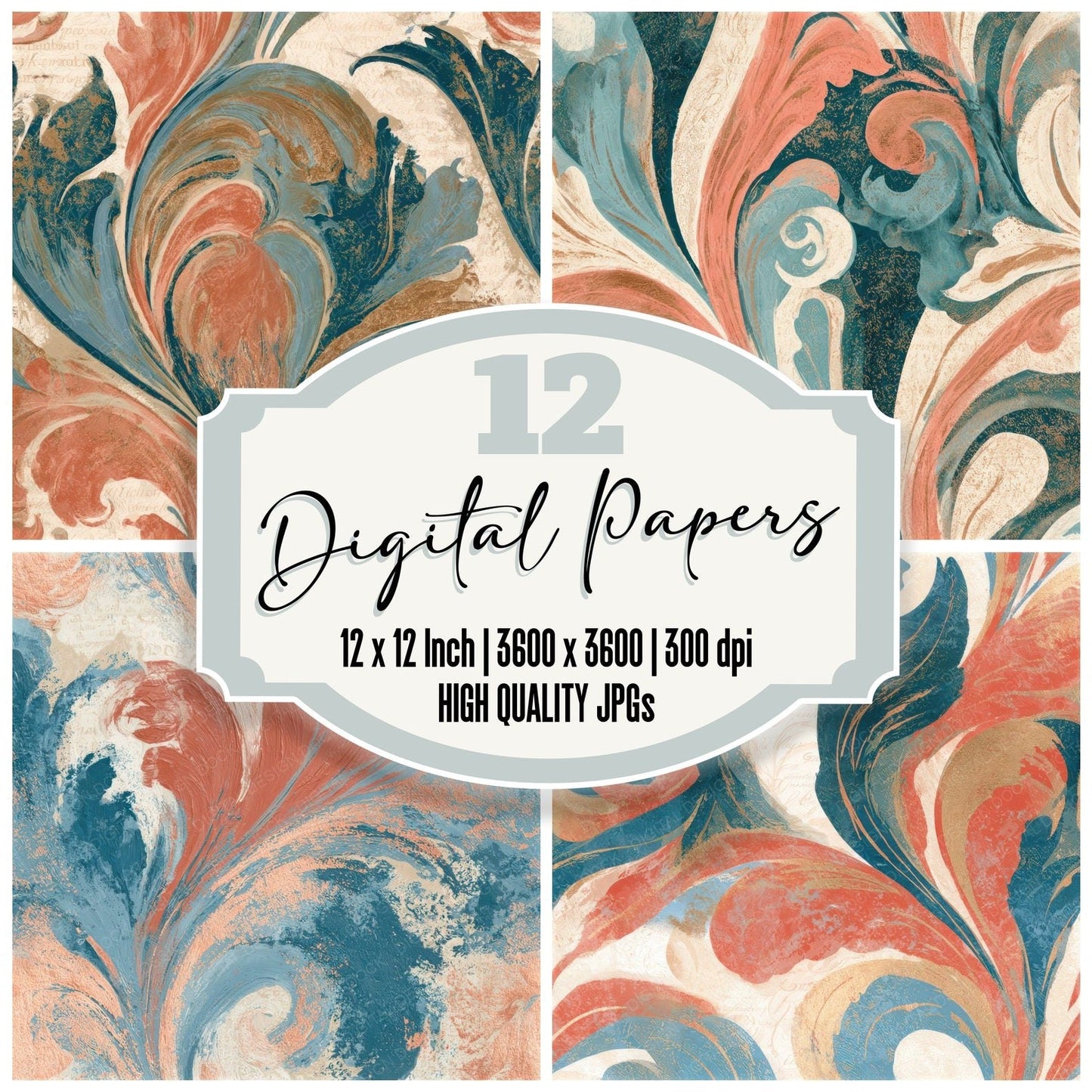Baroque Coral Sea Blue Texture Seamless Digital Paper Pack (DDD013886)