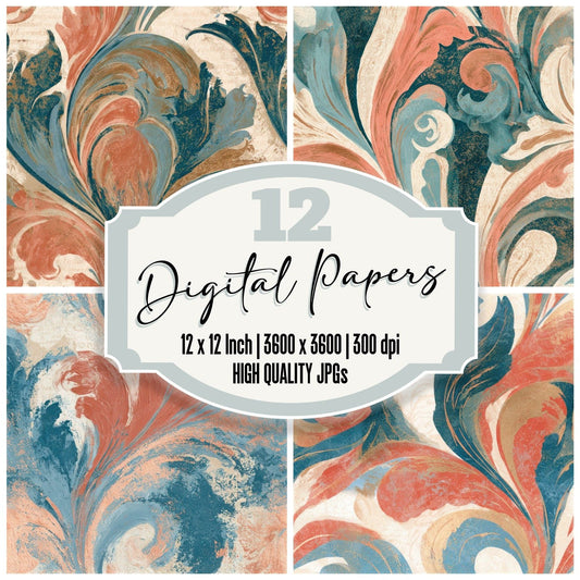 Baroque Coral Sea Blue Texture Seamless Digital Paper Pack (DDD013886)