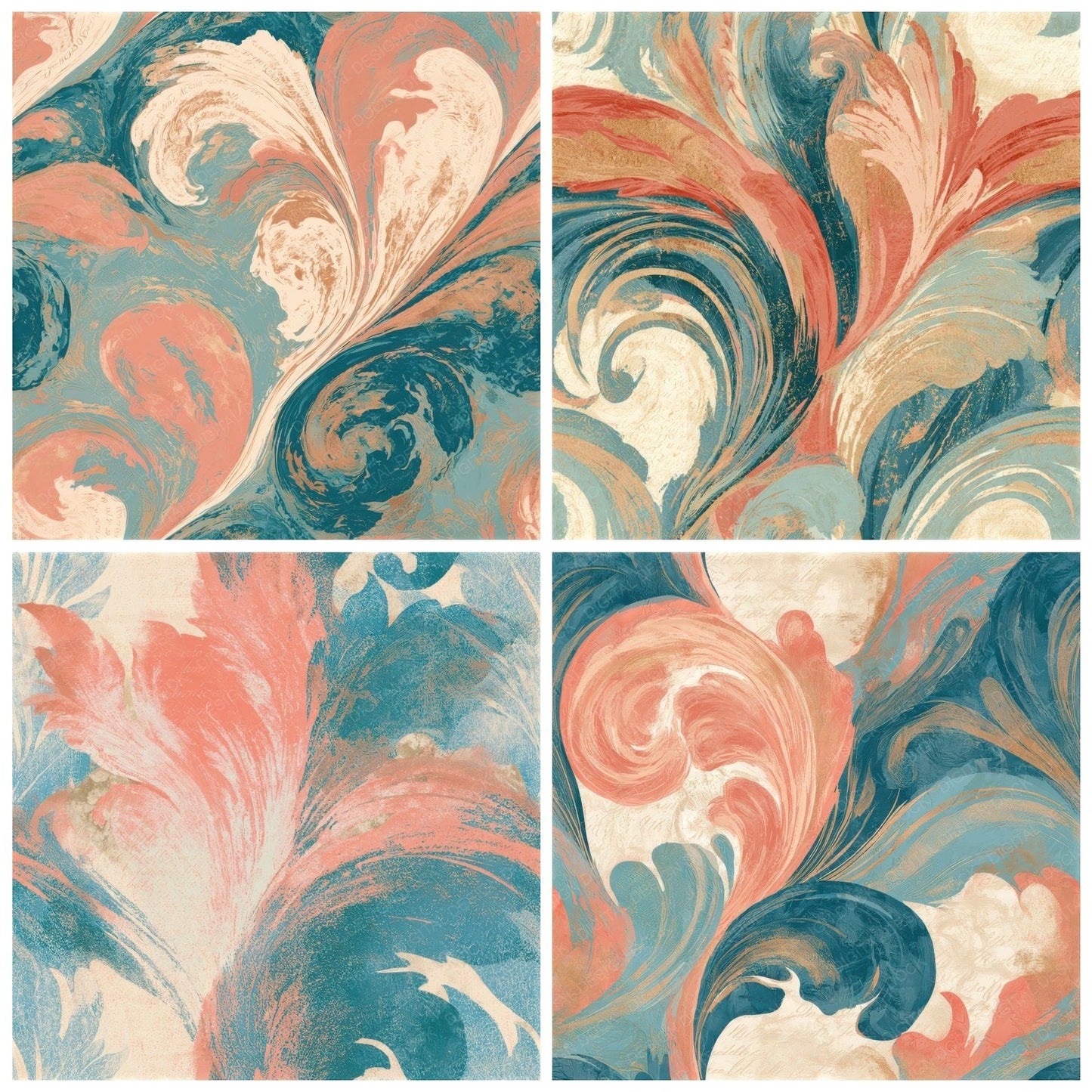 Baroque Coral Sea Blue Texture Seamless Digital Paper Pack (DDD013886)
