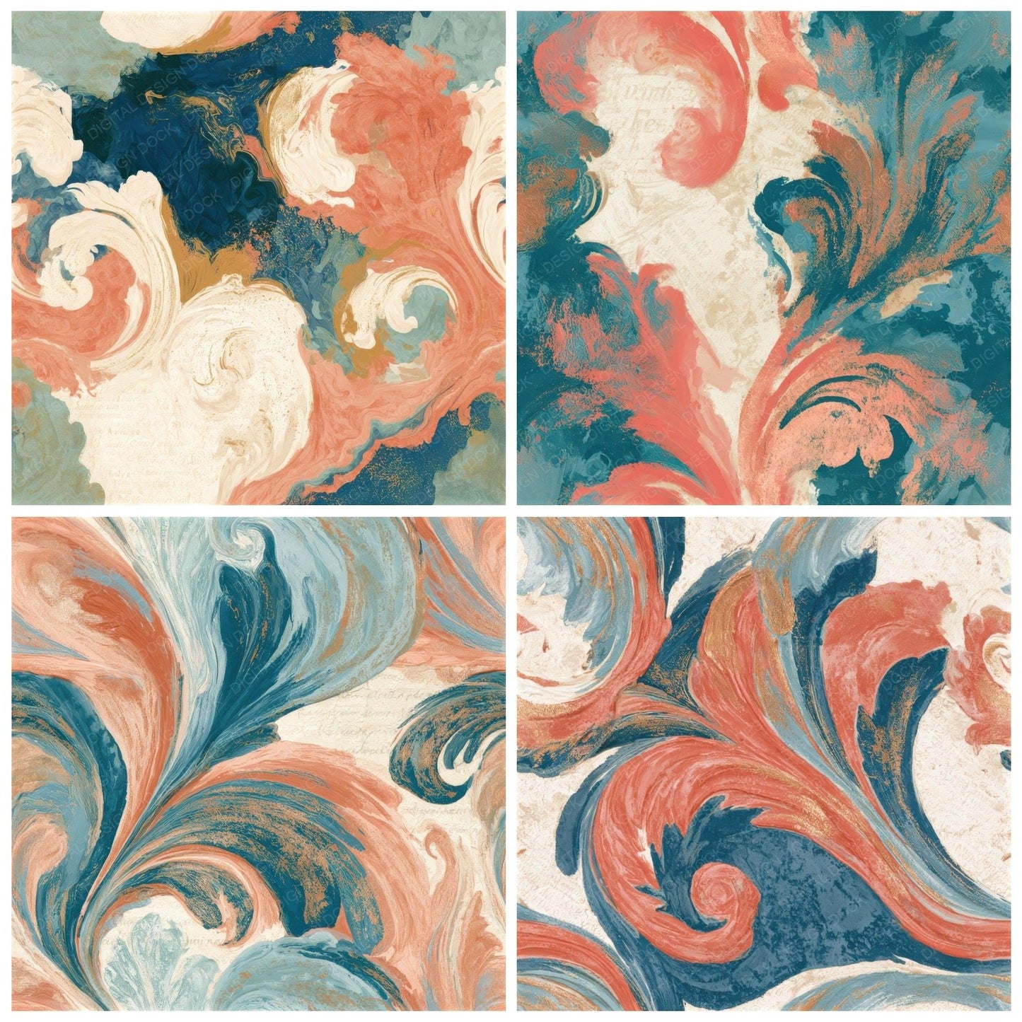 Baroque Coral Sea Blue Texture Seamless Digital Paper Pack (DDD013886)