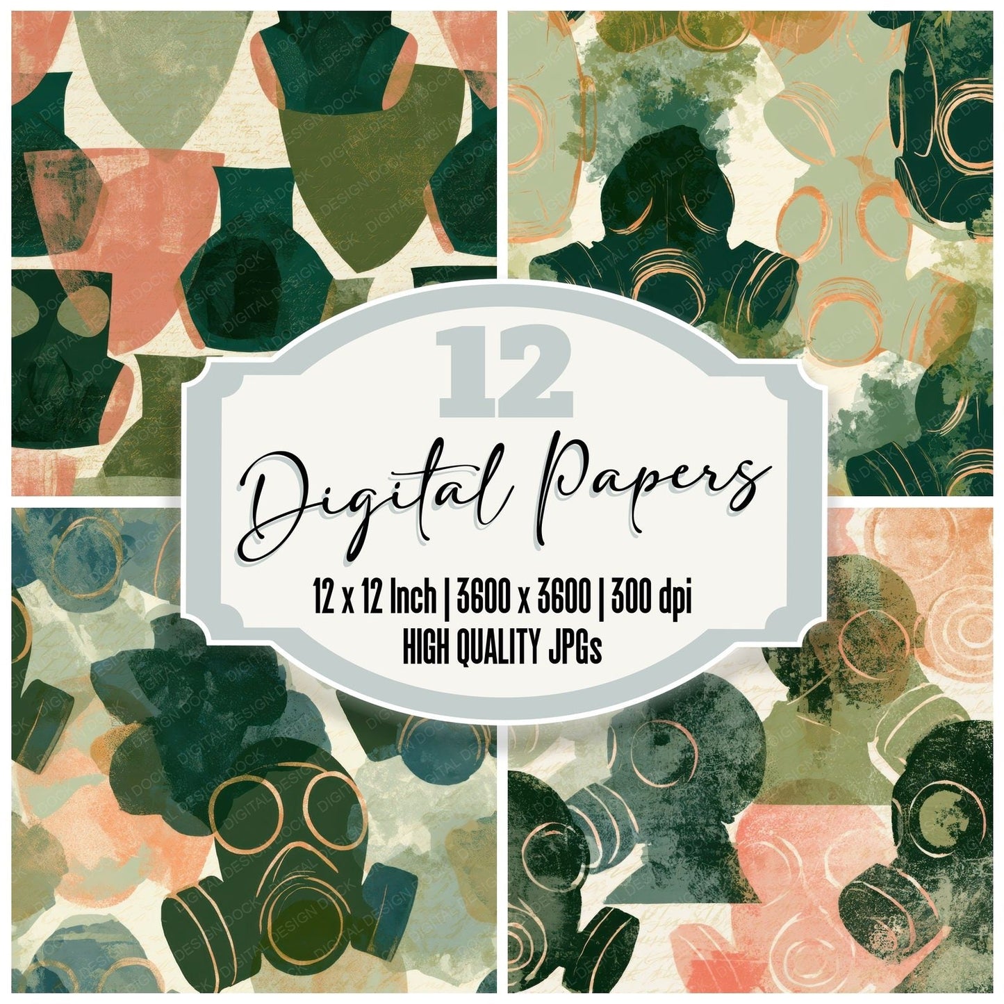Mid Century Gas Masks Sage Cream Digital Paper Pack (DDD013892)