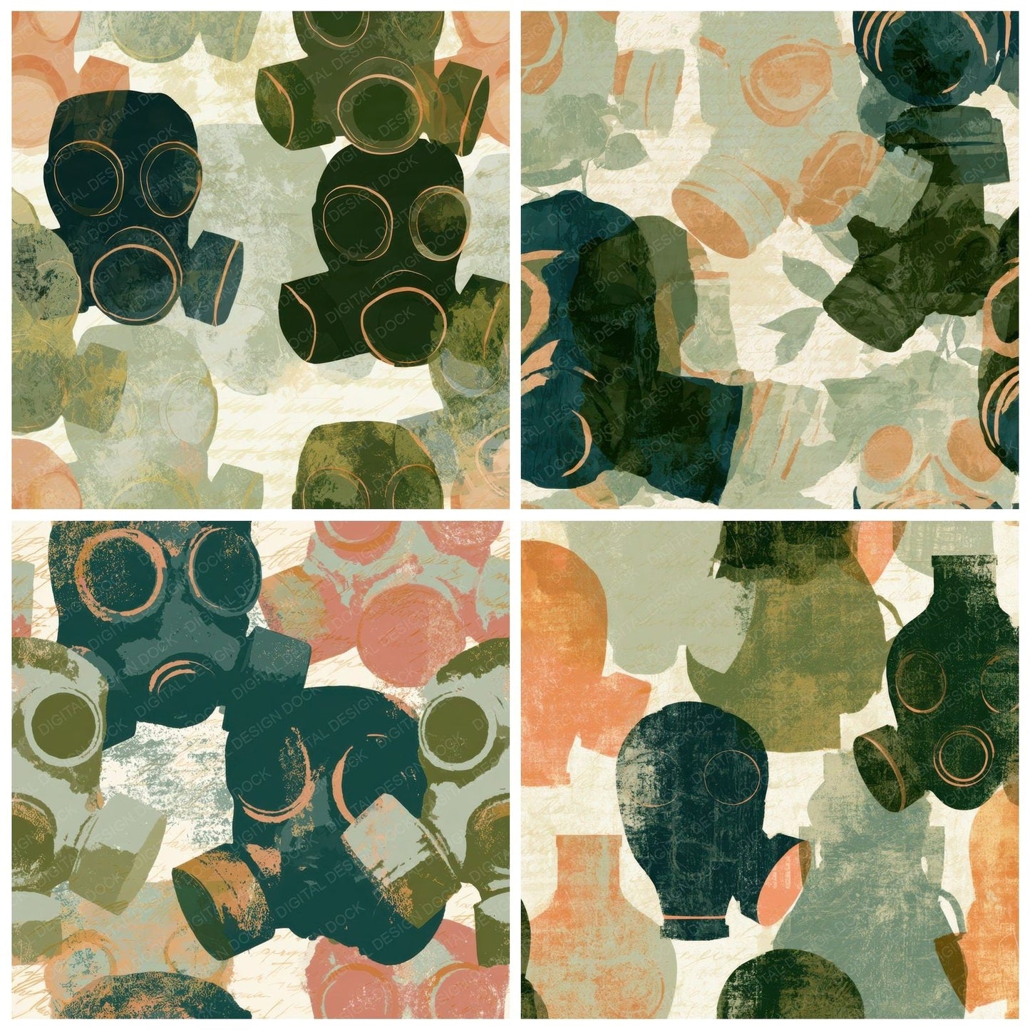 Mid Century Gas Masks Sage Cream Digital Paper Pack (DDD013892)
