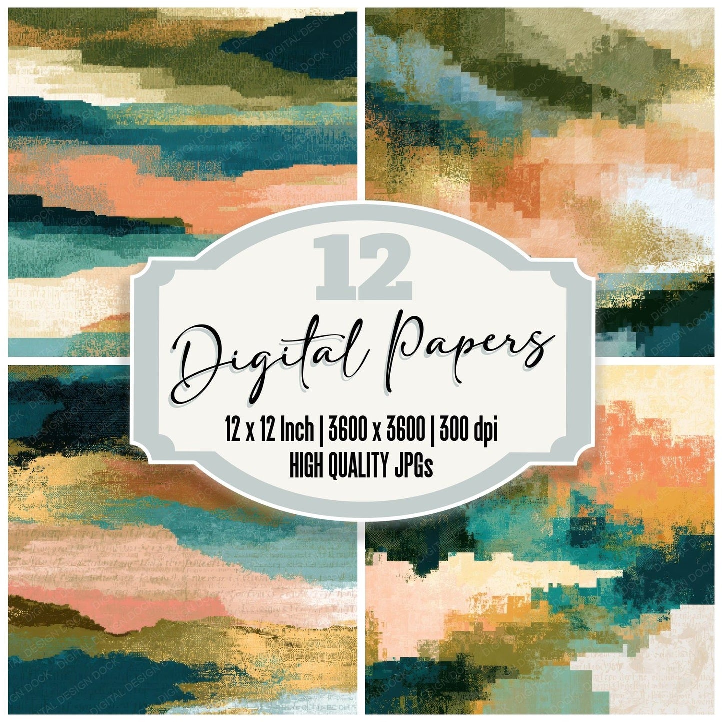 Pixel Olive Peach Turquoise Abstract Digital Paper Pack (DDD013896)