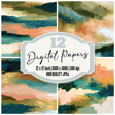 Pixel Olive Peach Turquoise Abstract Digital Paper Pack (DDD013896)