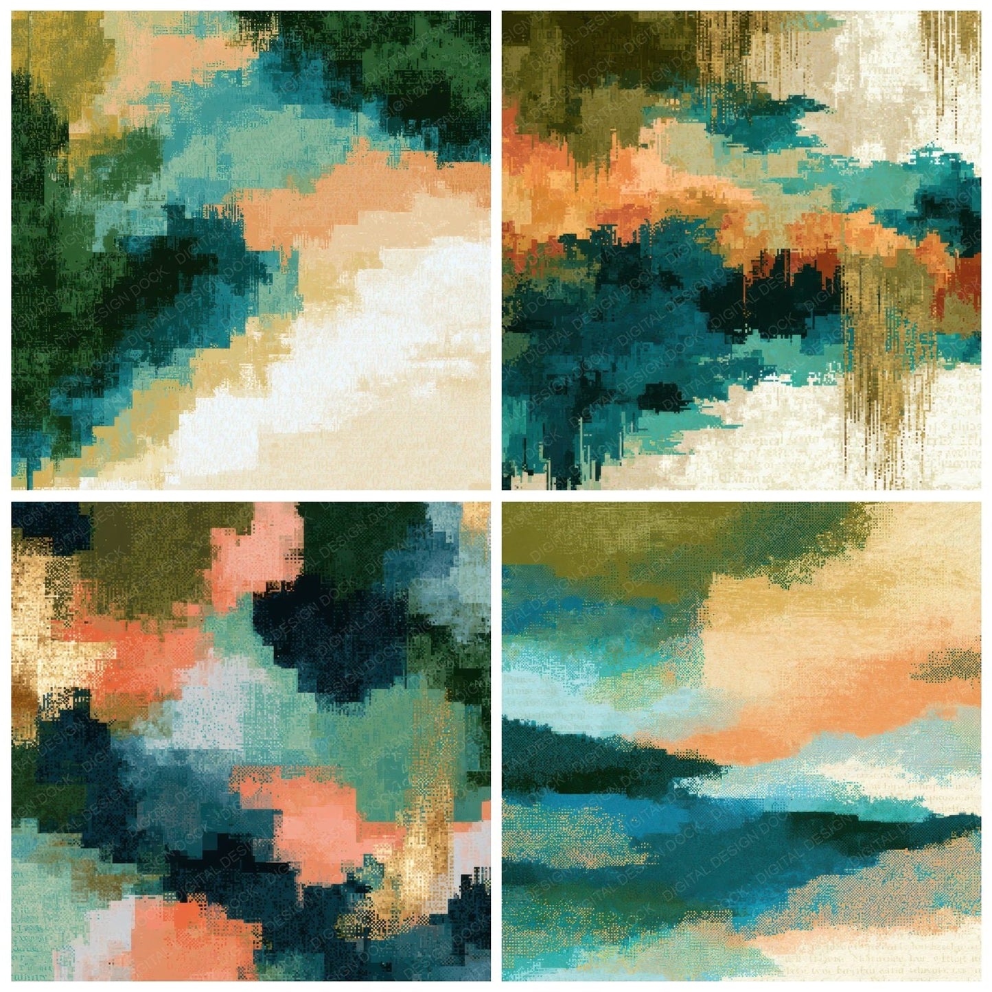 Pixel Olive Peach Turquoise Abstract Digital Paper Pack (DDD013896)