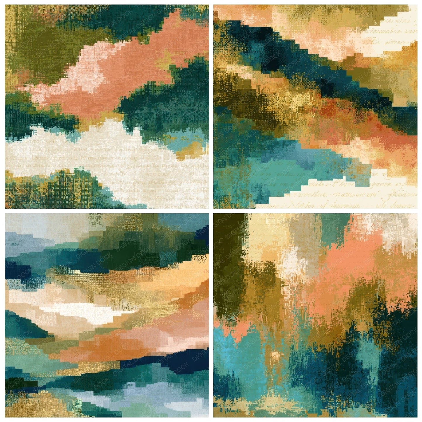 Pixel Olive Peach Turquoise Abstract Digital Paper Pack (DDD013896)
