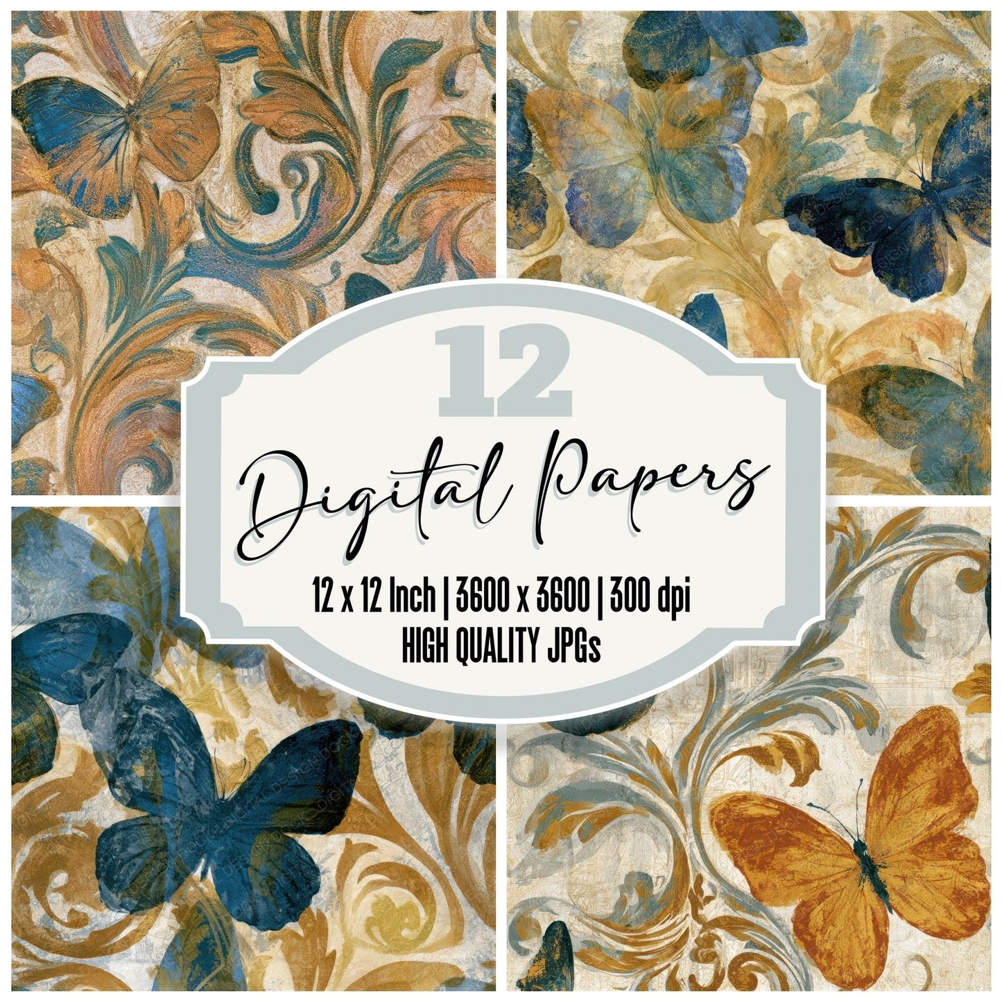 Rococo Morpho Butterfly Caramel Seamless Digital Paper Pack (DDD013899)