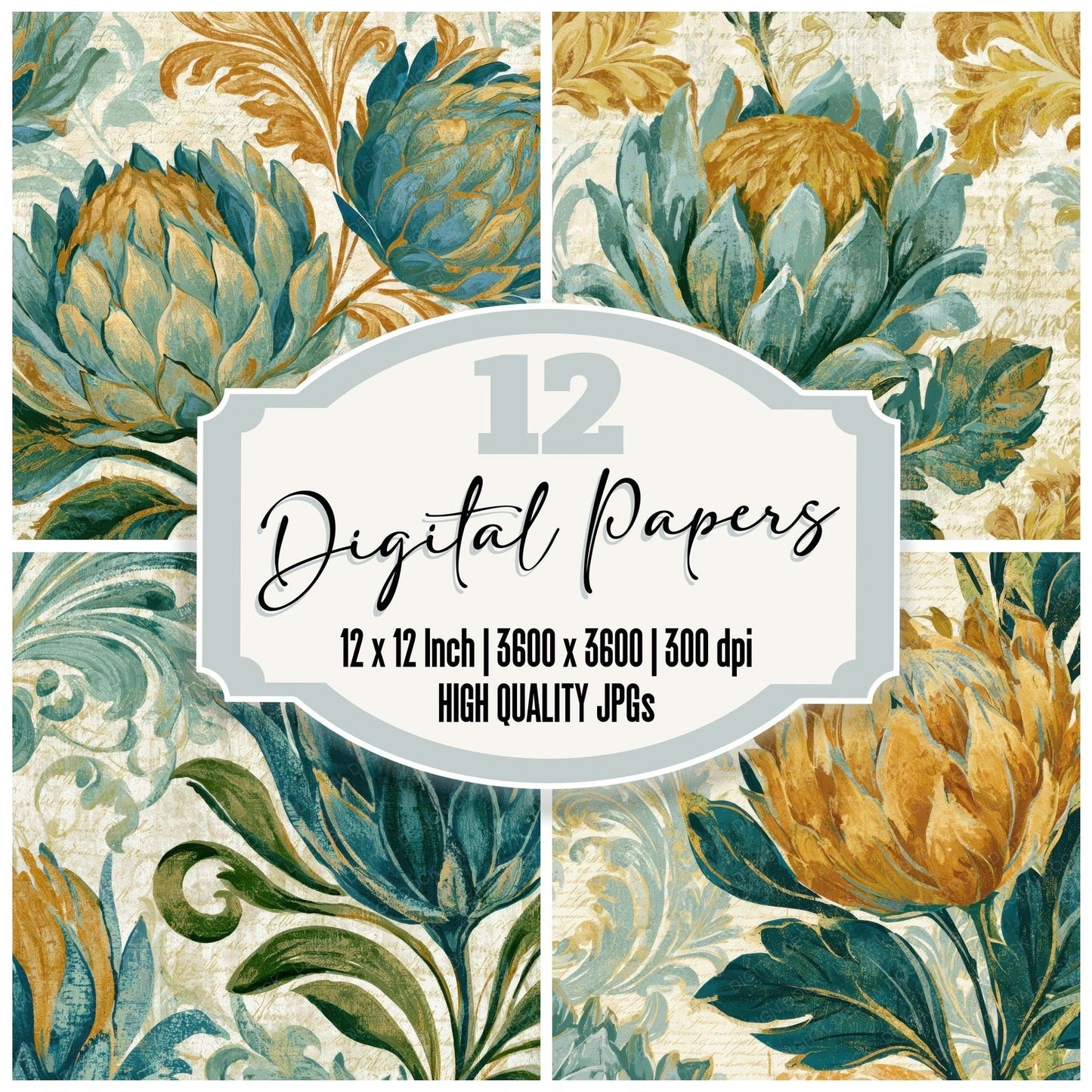 Rococo Protea Mint Gold Digital Paper Pack (DDD013900)