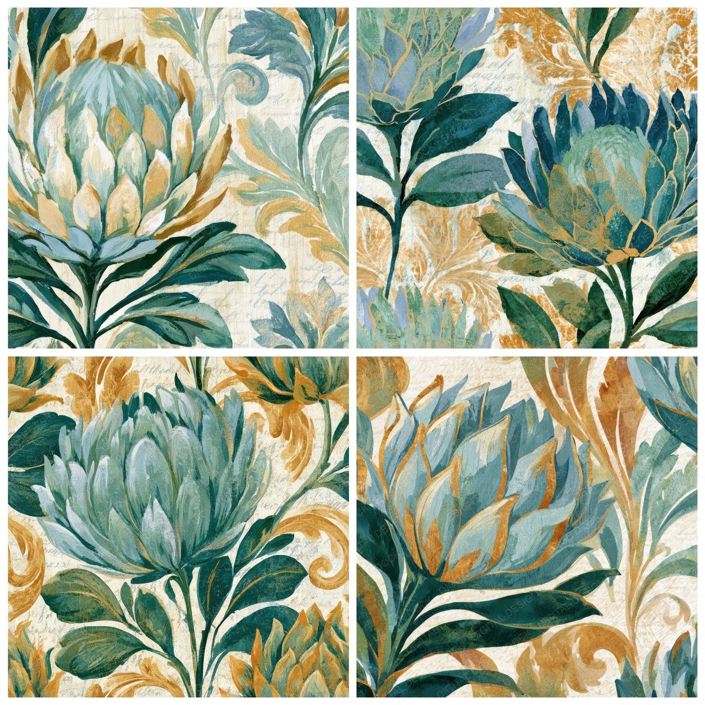 Rococo Protea Mint Gold Digital Paper Pack (DDD013900)