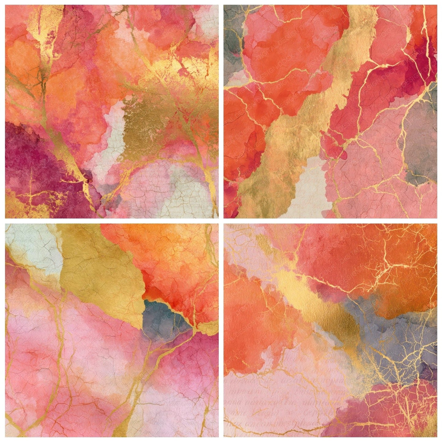 Batik Coral Gold Dusty Pink Abstract Digital Paper Pack (DDD013907)