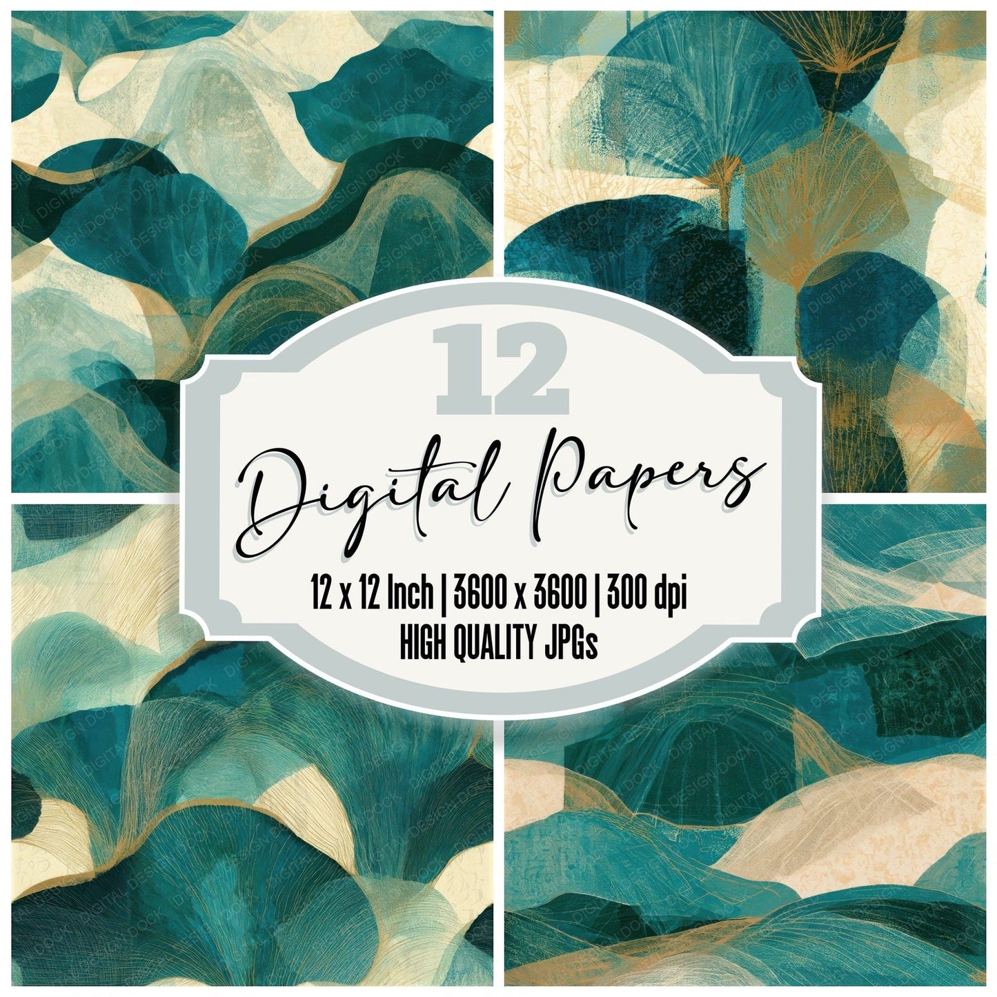 Linocut Wedding Veils Malachite Teal Seamless Digital Paper Pack (DDD013917)