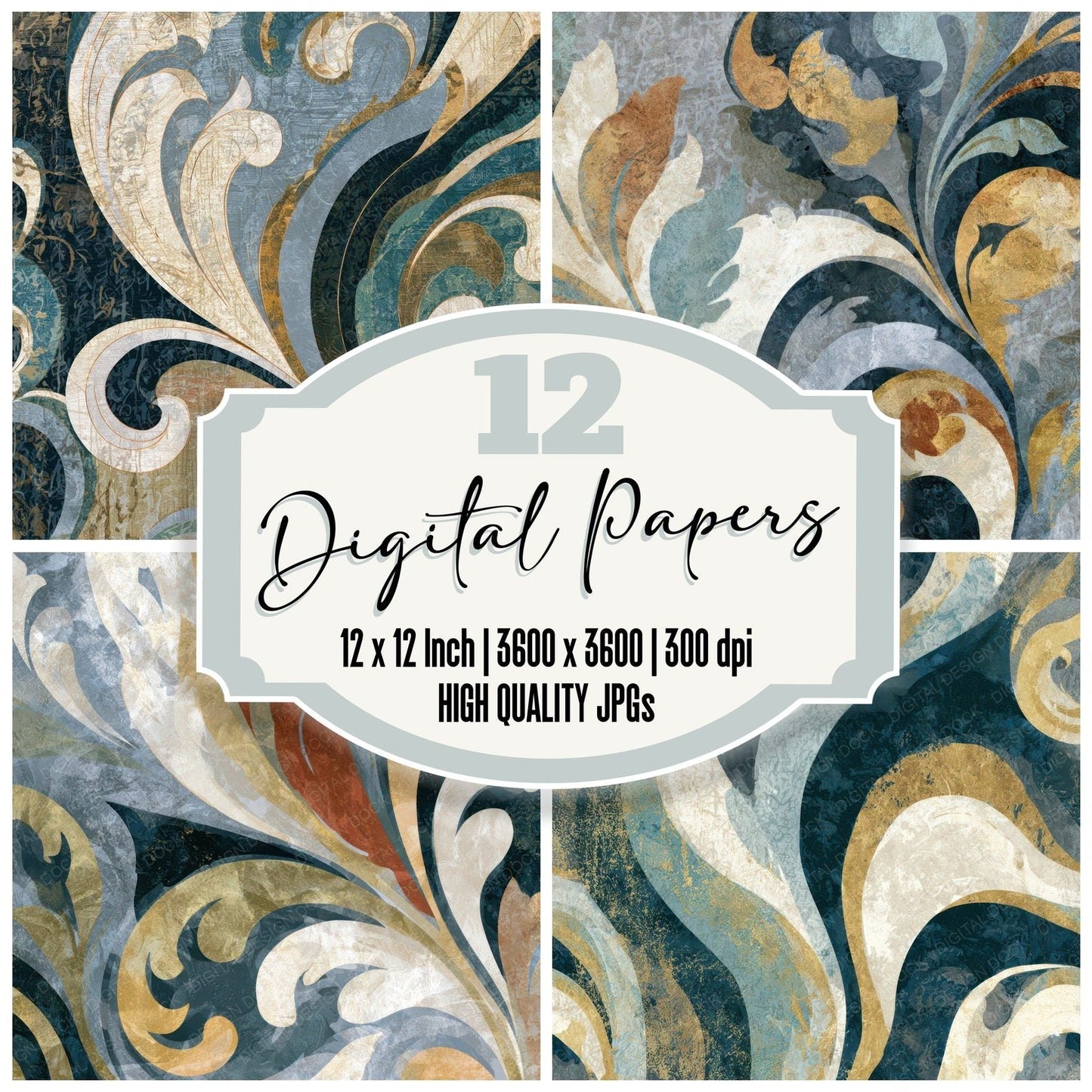 Rococo Pewter Slate Bone Abstract Digital Paper Pack (DDD013920)