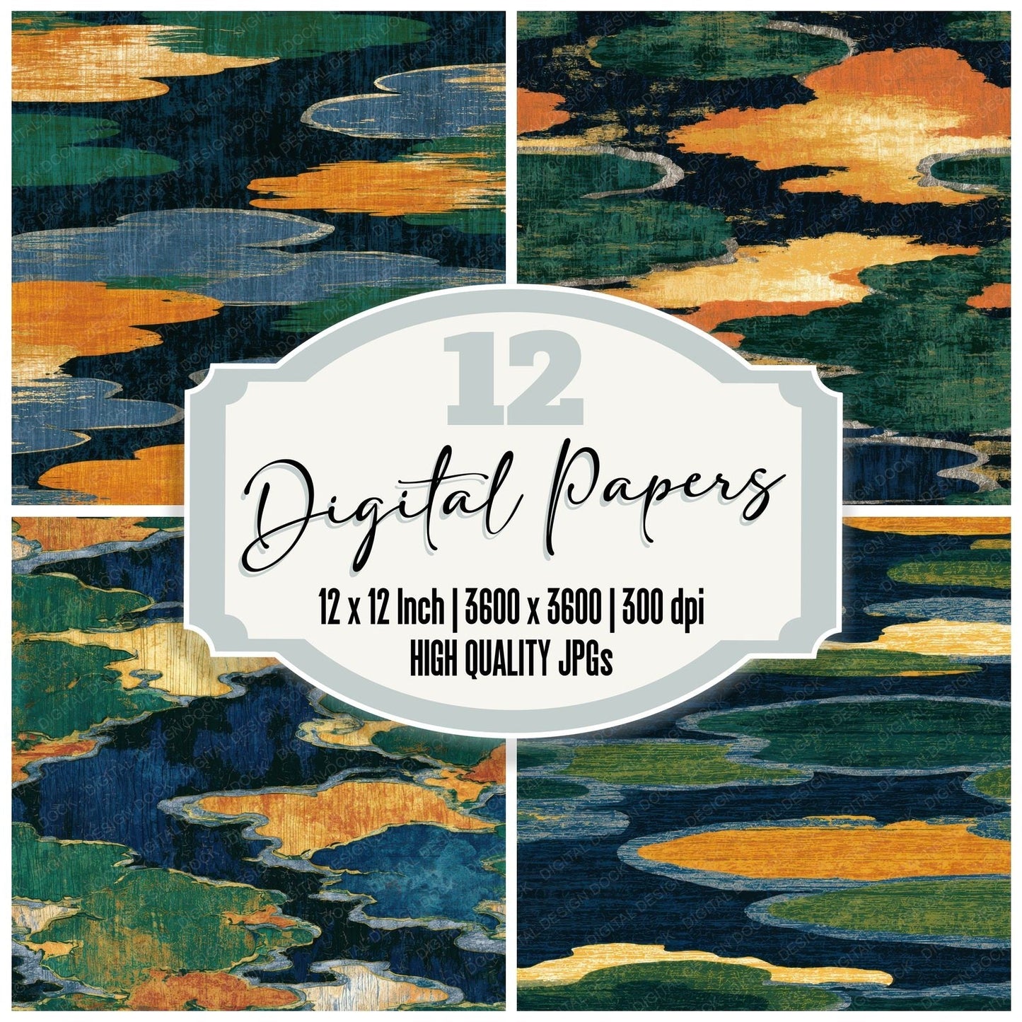 Ukiyo-e Tidal Pools Palm Green Ochre Digital Paper Pack (DDD013922)