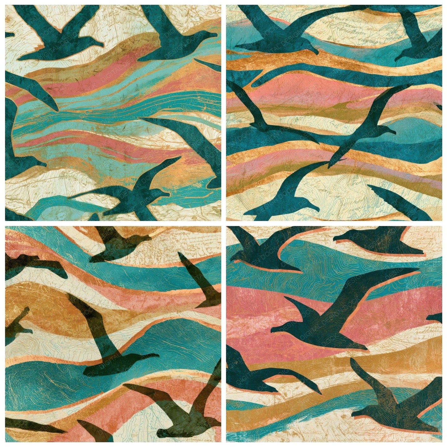 Antique Map Albatross Turquoise Cream Digital Paper Pack (DDD013925)