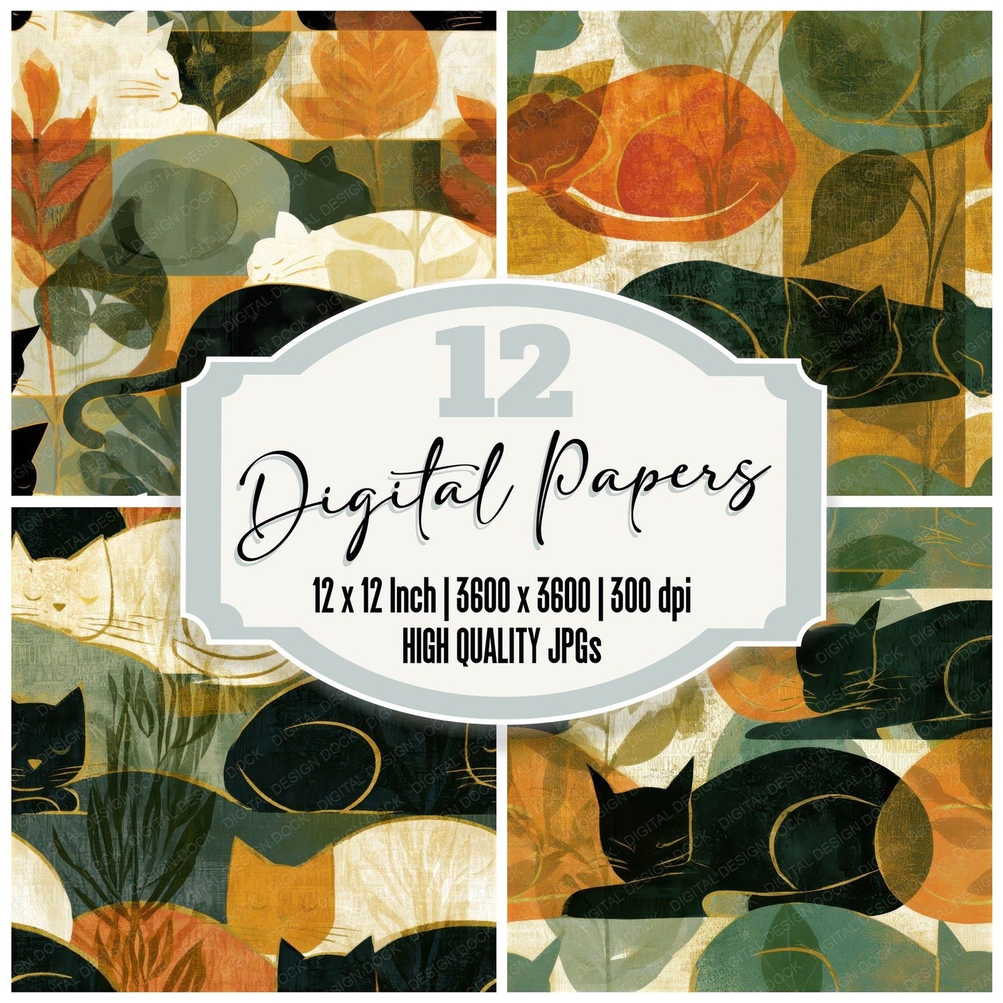 Mid Century Cats Amber Sage Seamless Digital Paper Pack (DDD013932)
