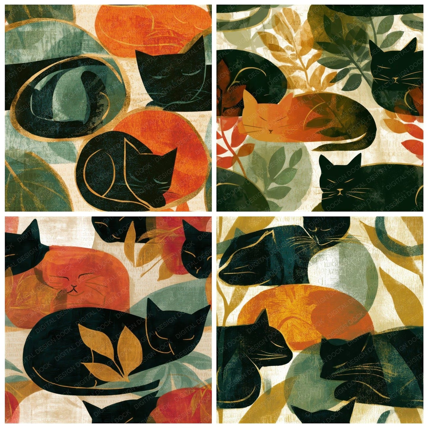 Mid Century Cats Amber Sage Seamless Digital Paper Pack (DDD013932)