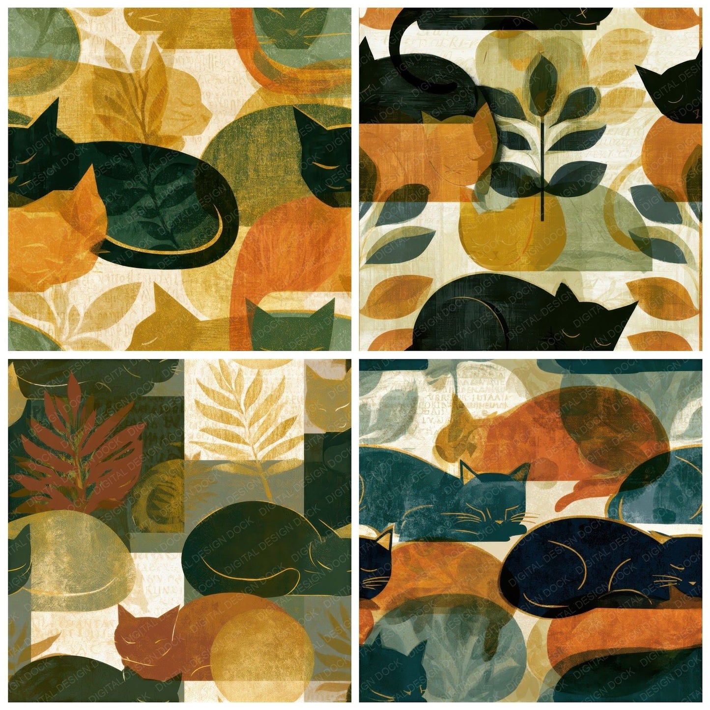 Mid Century Cats Amber Sage Seamless Digital Paper Pack (DDD013932)