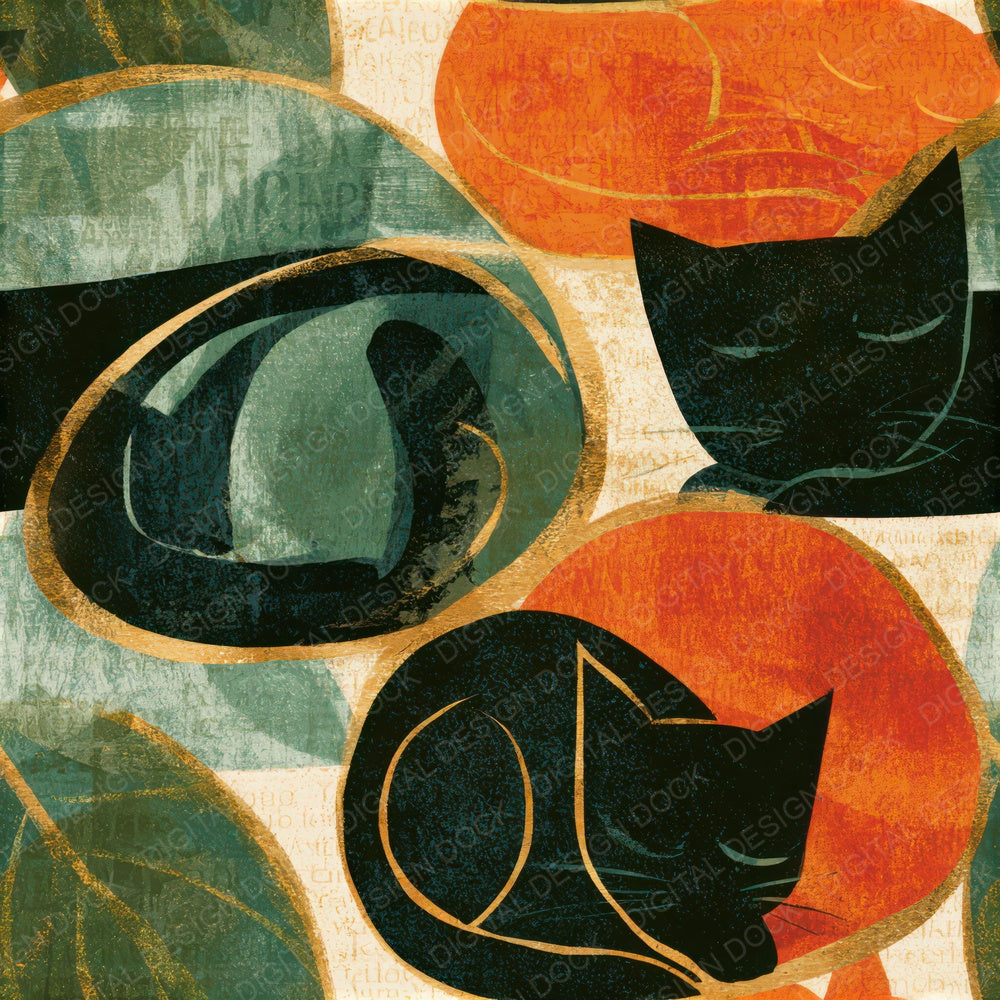 Mid Century Cats Amber Sage Seamless Digital Paper Pack (DDD013932)