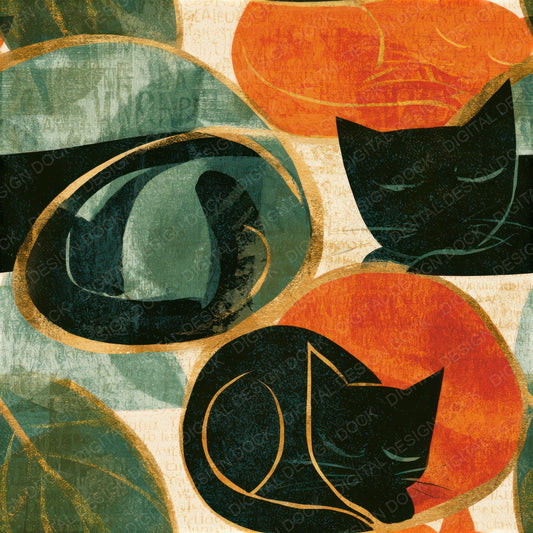 Mid Century Cats Amber Sage Seamless Digital Paper Pack (DDD013932)