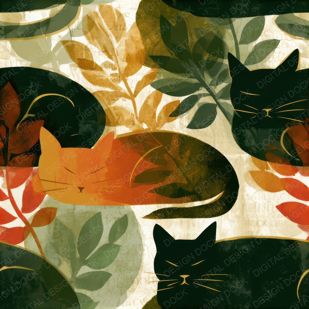 Mid Century Cats Amber Sage Seamless Digital Paper Pack (DDD013932)
