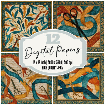Mughal Scissors Ribbons Rust Turquoise Digital Paper Pack (DDD013935)