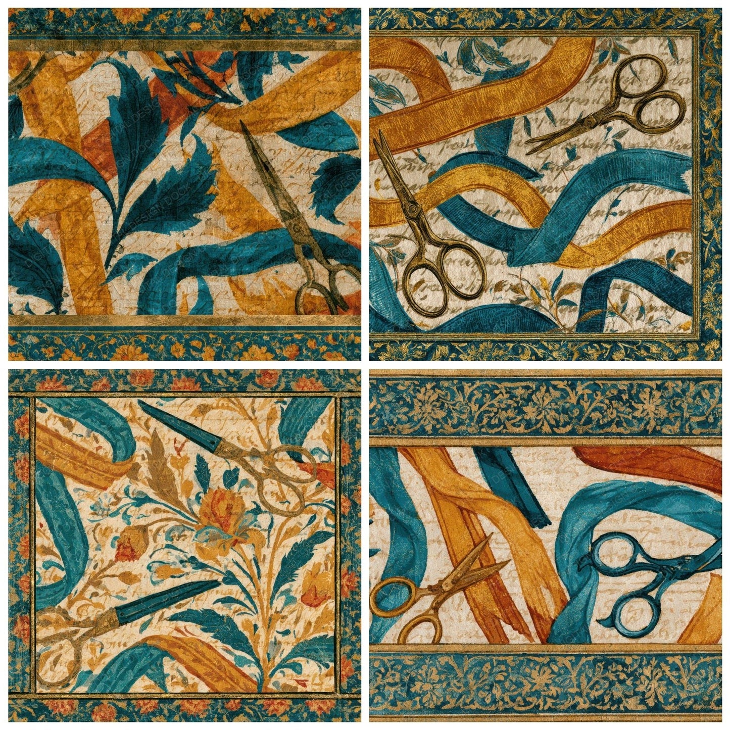 Mughal Scissors Ribbons Rust Turquoise Digital Paper Pack (DDD013935)